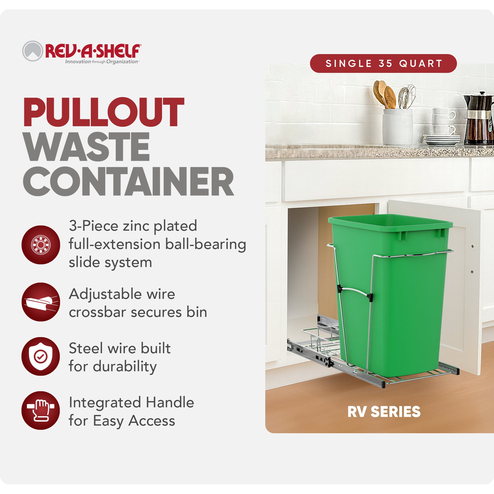 Rev-A-Shelf Pullout Trash Can 35 qt. for Kitchen Cabinets, Green, RV-12KD-19C-S