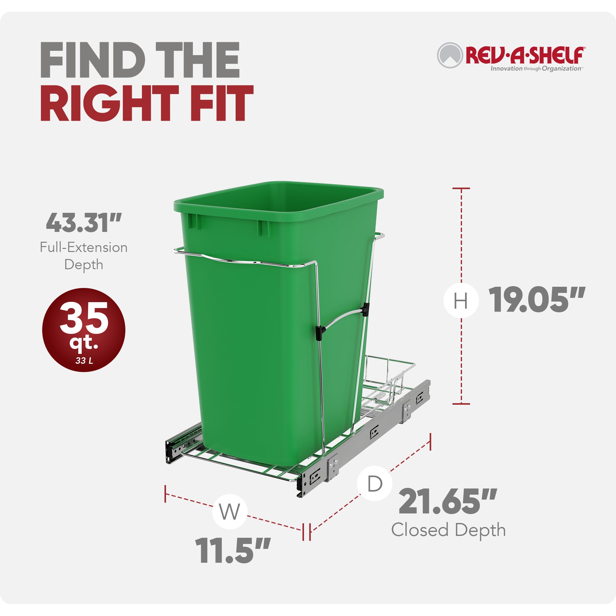 Rev-A-Shelf Pullout Trash Can 35 qt. for Kitchen Cabinets, Green, RV-12KD-19C-S