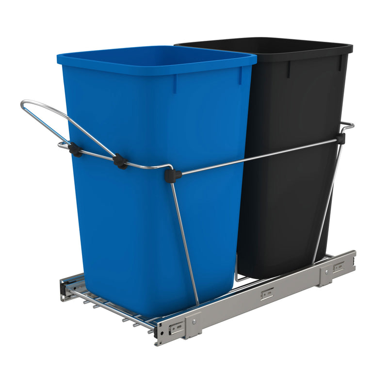 Rev-A-Shelf Double Pull Out Trash Can 27 Qt for Kitchen, Blue, RV-15KD-2218C-S