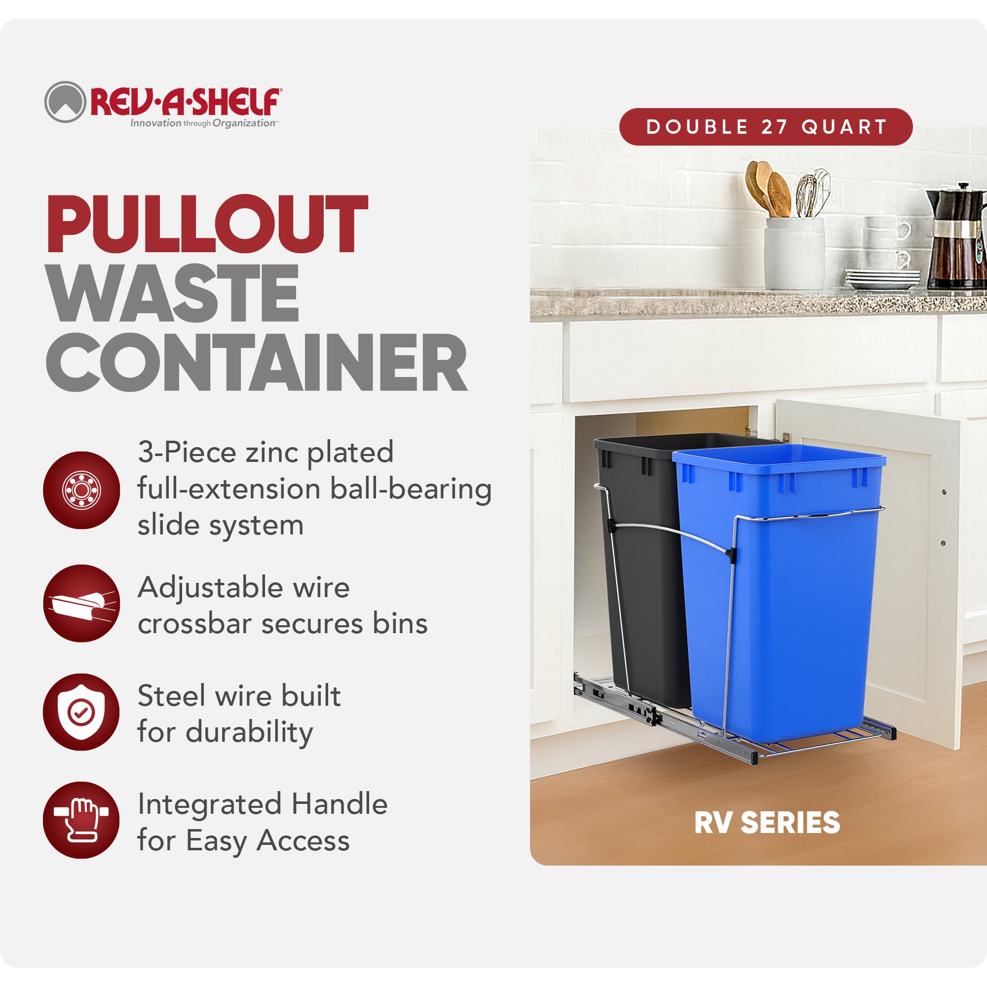 Rev-A-Shelf Double Pullout Trash Can 27 qt. for Kitchen, RV-15KD-2218C-S