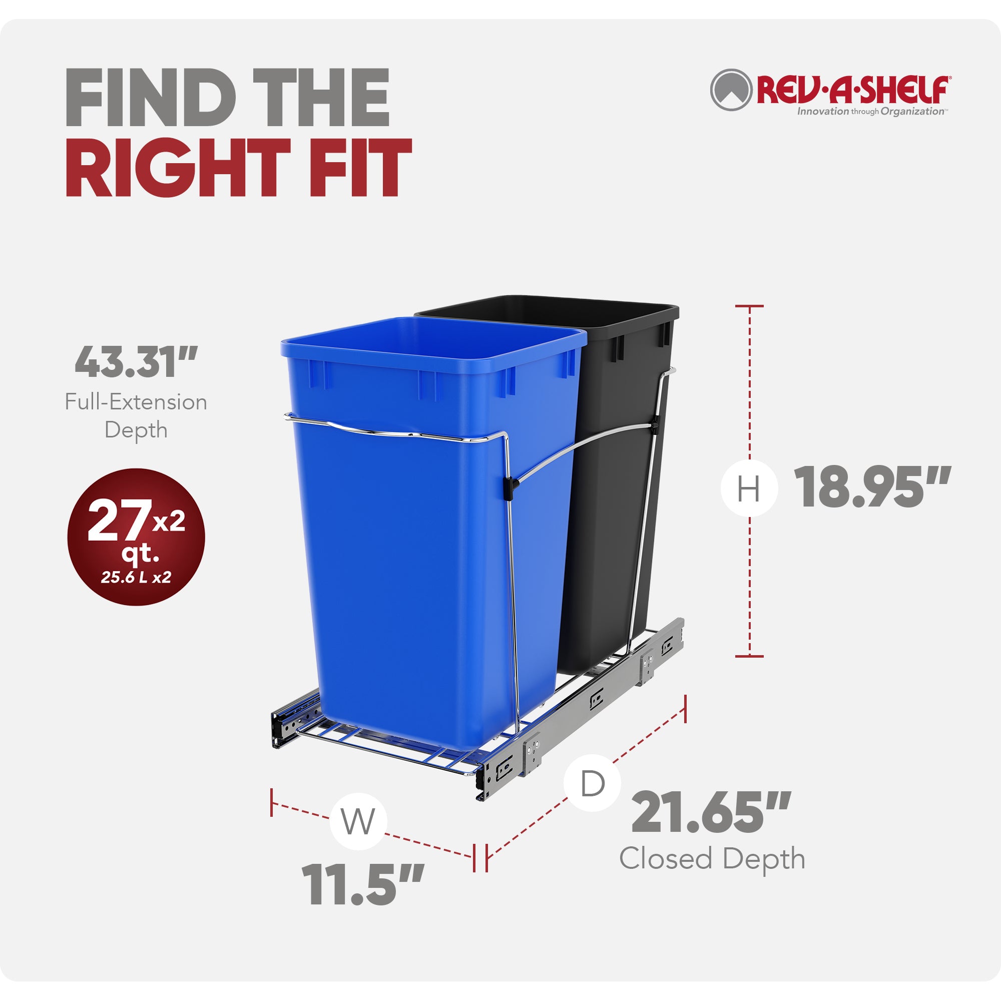 Rev-A-Shelf Double Pullout Trash Can 27 qt. for Kitchen, RV-15KD-2218C-S