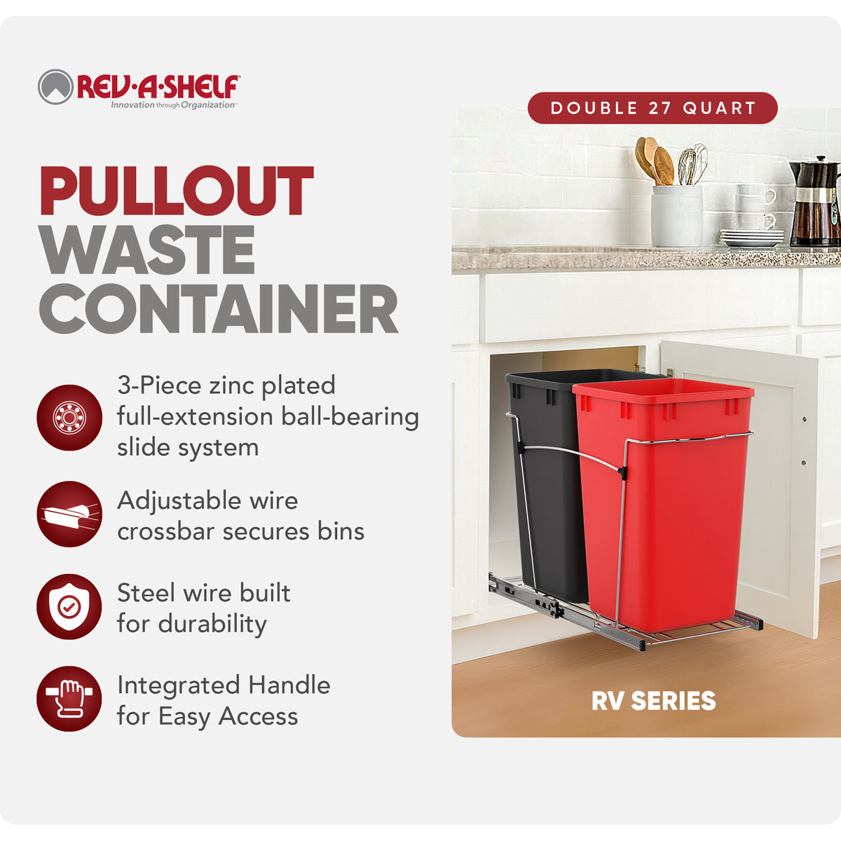 Rev-A-Shelf Double Pullout Trash Can 27 qt. for Kitchen, RedBlk, RV-15KD-1618C-S
