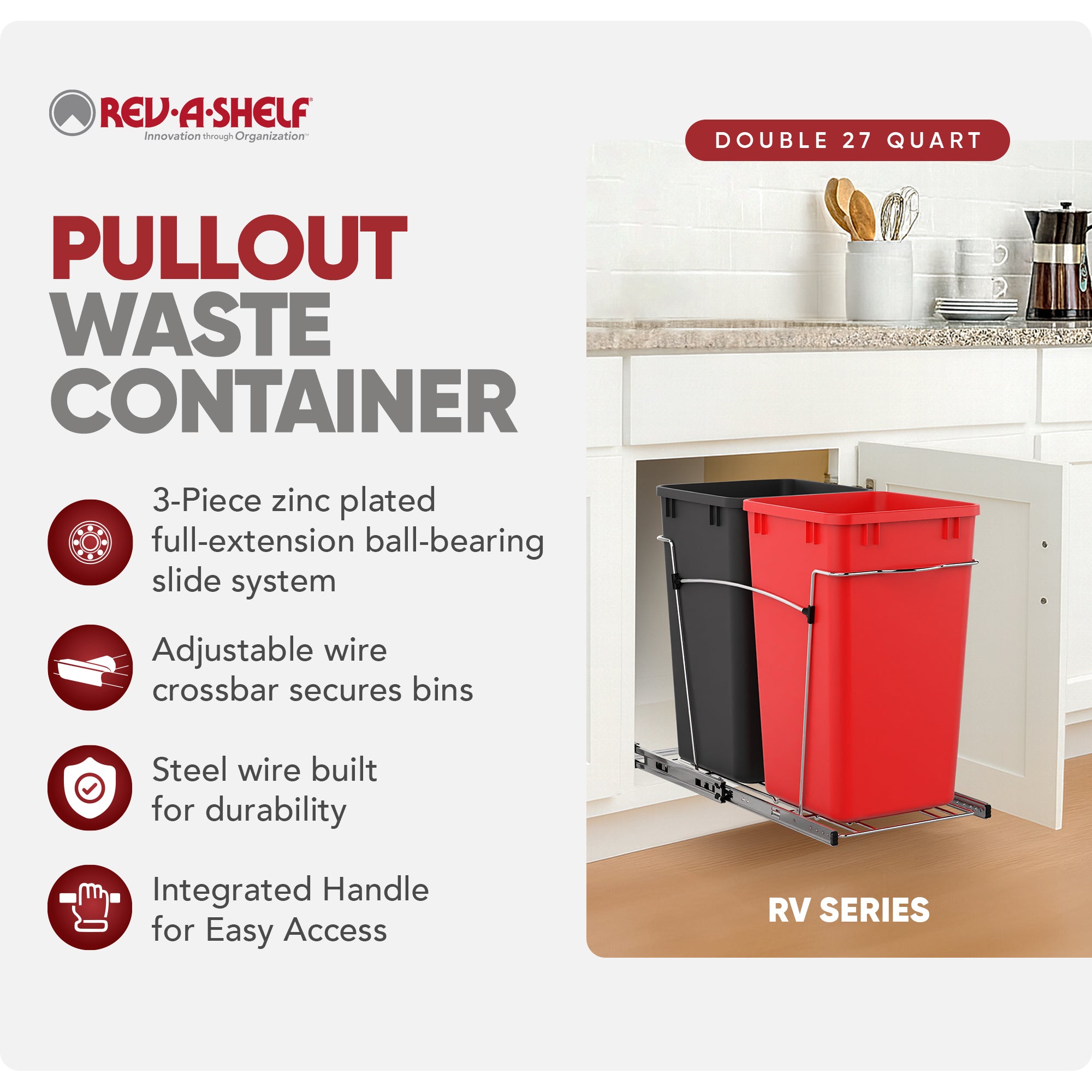 Rev-A-Shelf Double Pullout Trash Can 27 qt. for Kitchen, RedBlk, RV-15KD-1618C-S