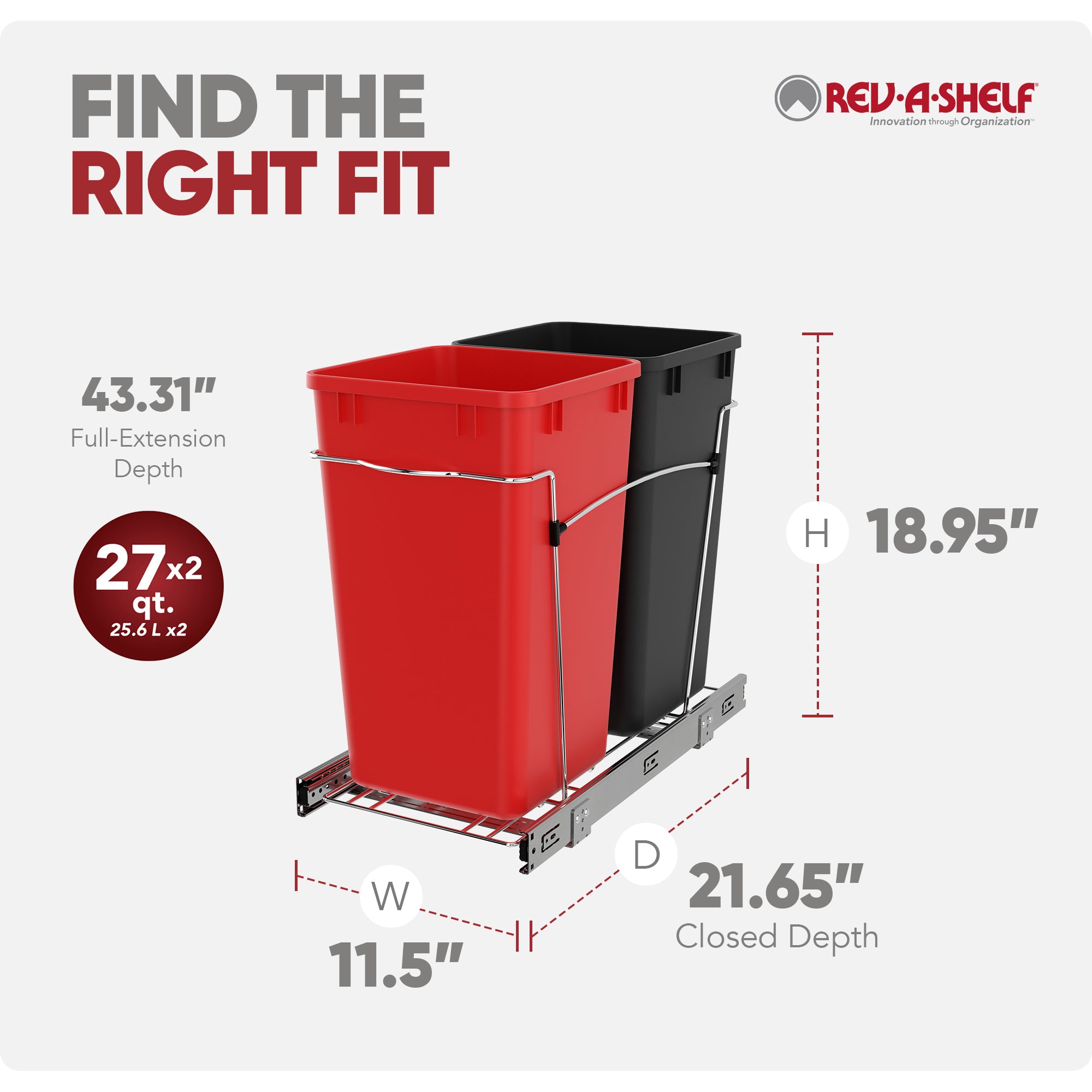Rev-A-Shelf Double Pullout Trash Can 27 qt. for Kitchen, RedBlk, RV-15KD-1618C-S