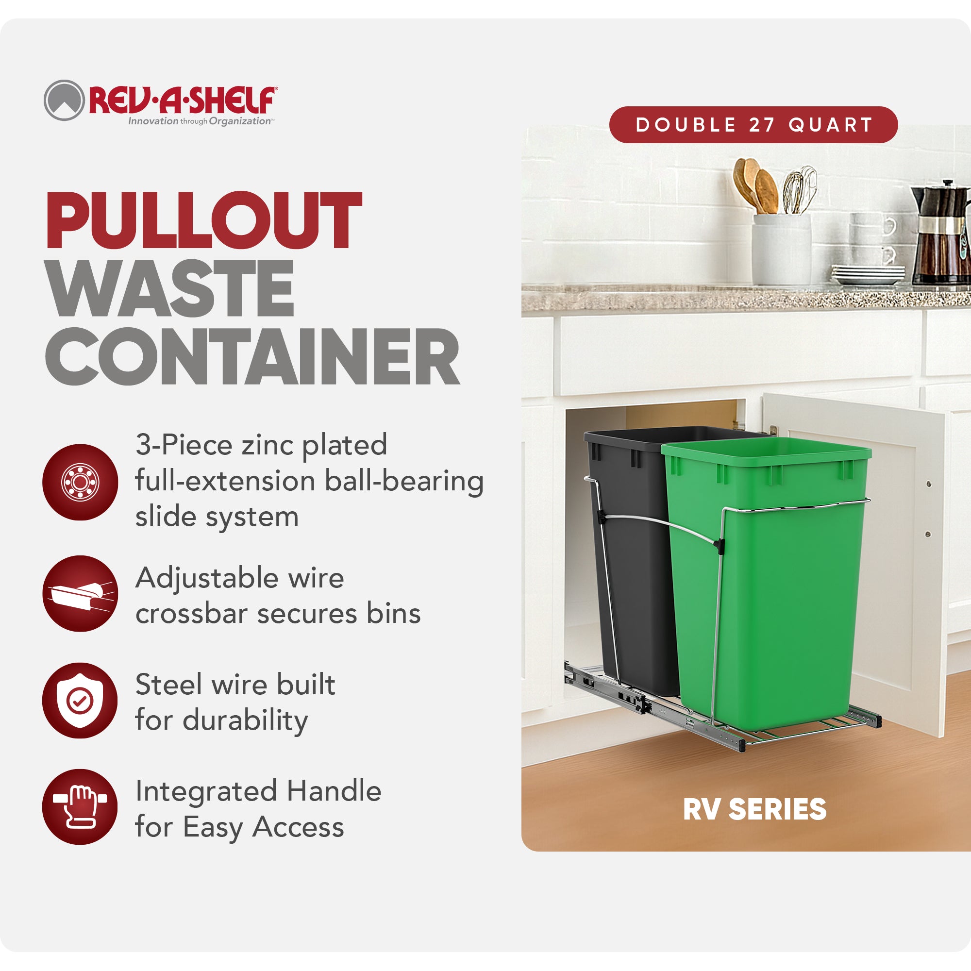 Rev-A-Shelf Double Pullout Trash Can 27 qt. for Kitchen, Green, RV-15KD-1918C-S - VMInnovations