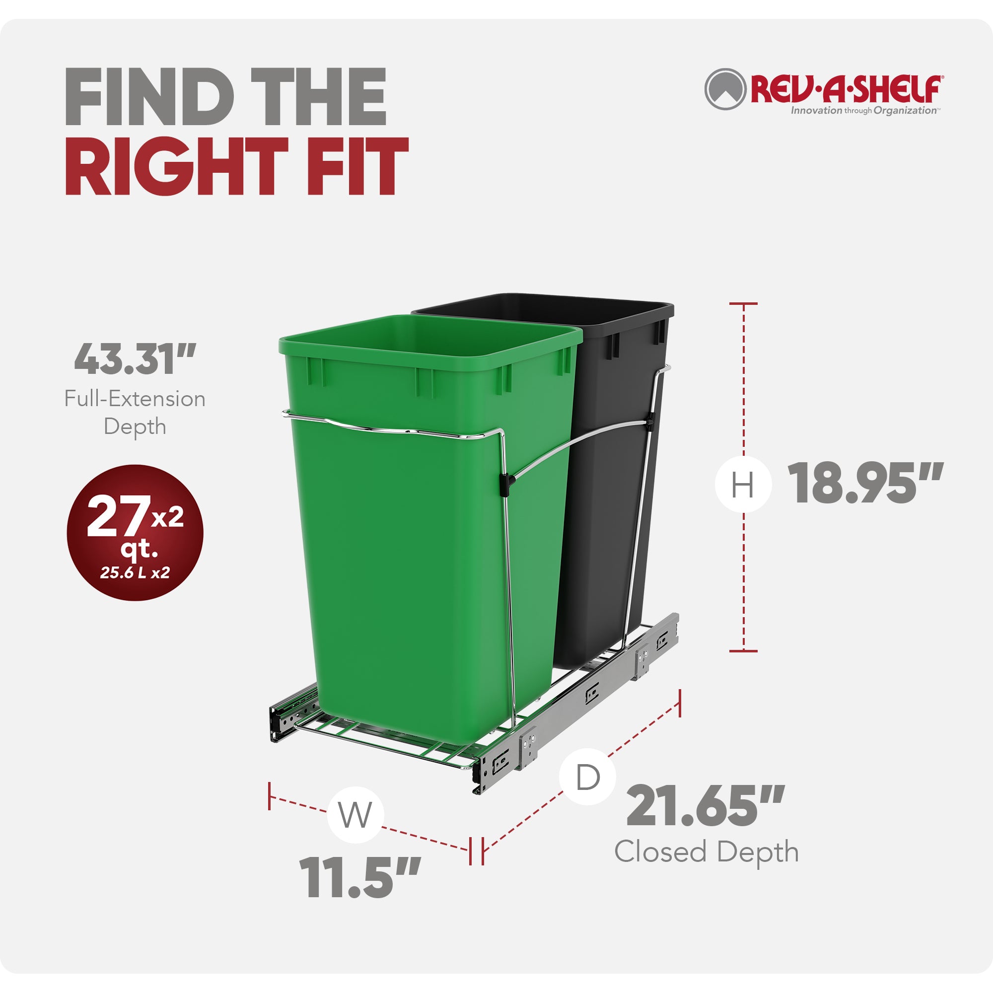 Rev-A-Shelf Double Pullout Trash Can 27 qt. for Kitchen, Green, RV-15KD-1918C-S