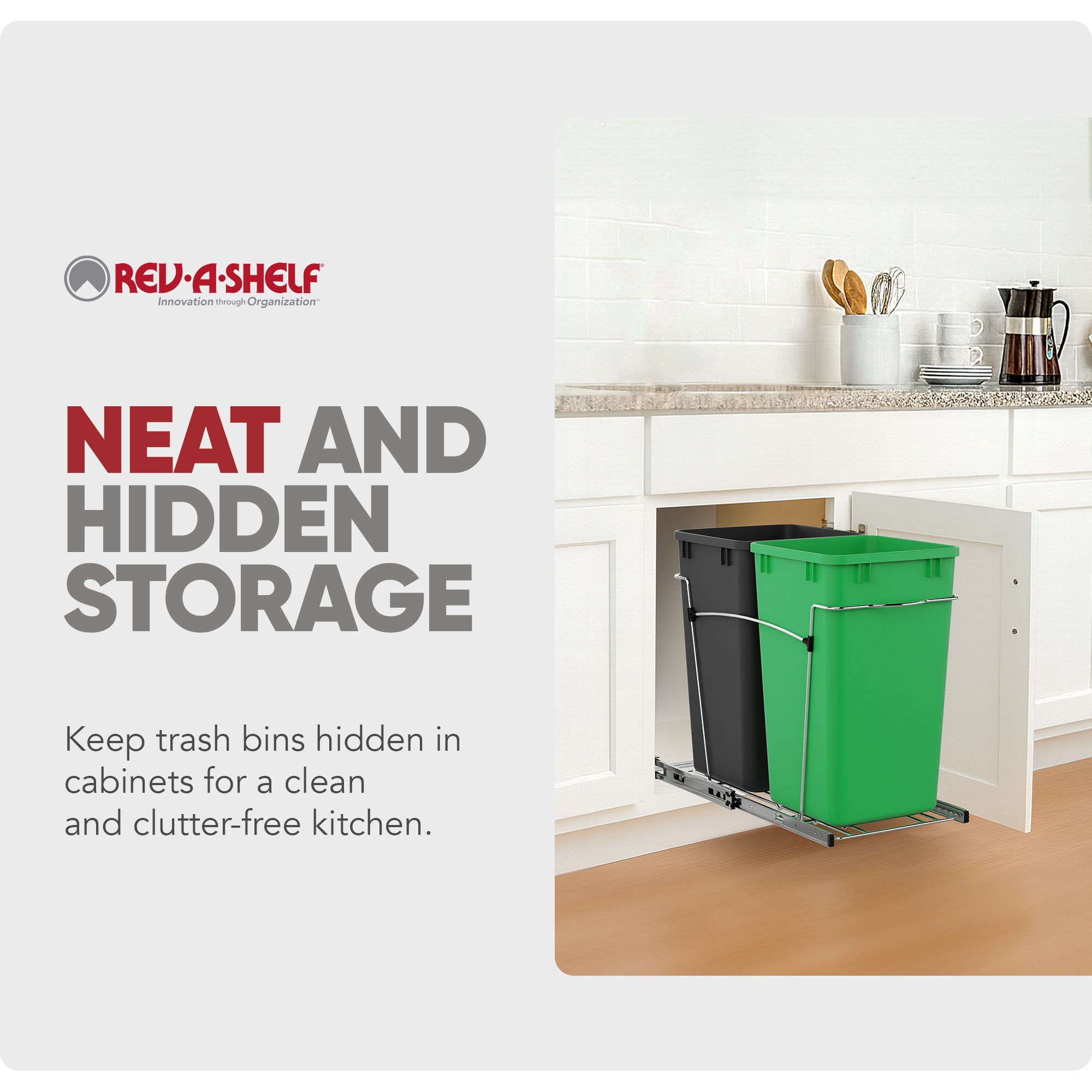 Rev-A-Shelf Double Pullout Trash Can 27 qt. for Kitchen, Green, RV-15KD-1918C-S