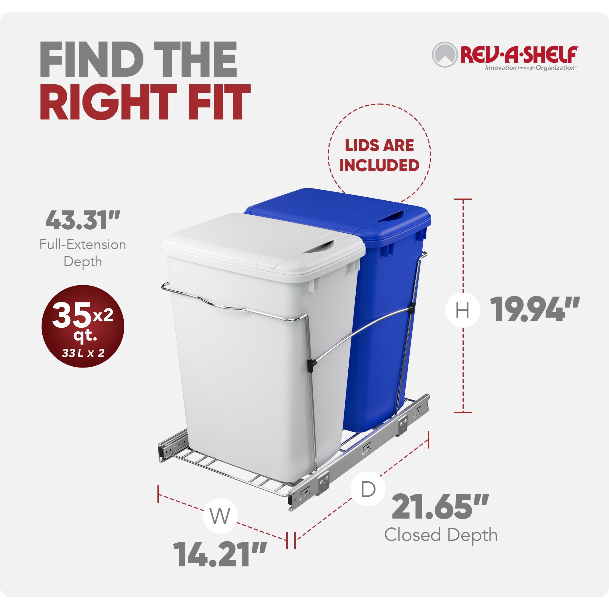 Rev-A-Shelf Double Pullout Trash Can 35 qt. for Kitchen, RV-18KD-11RC-S