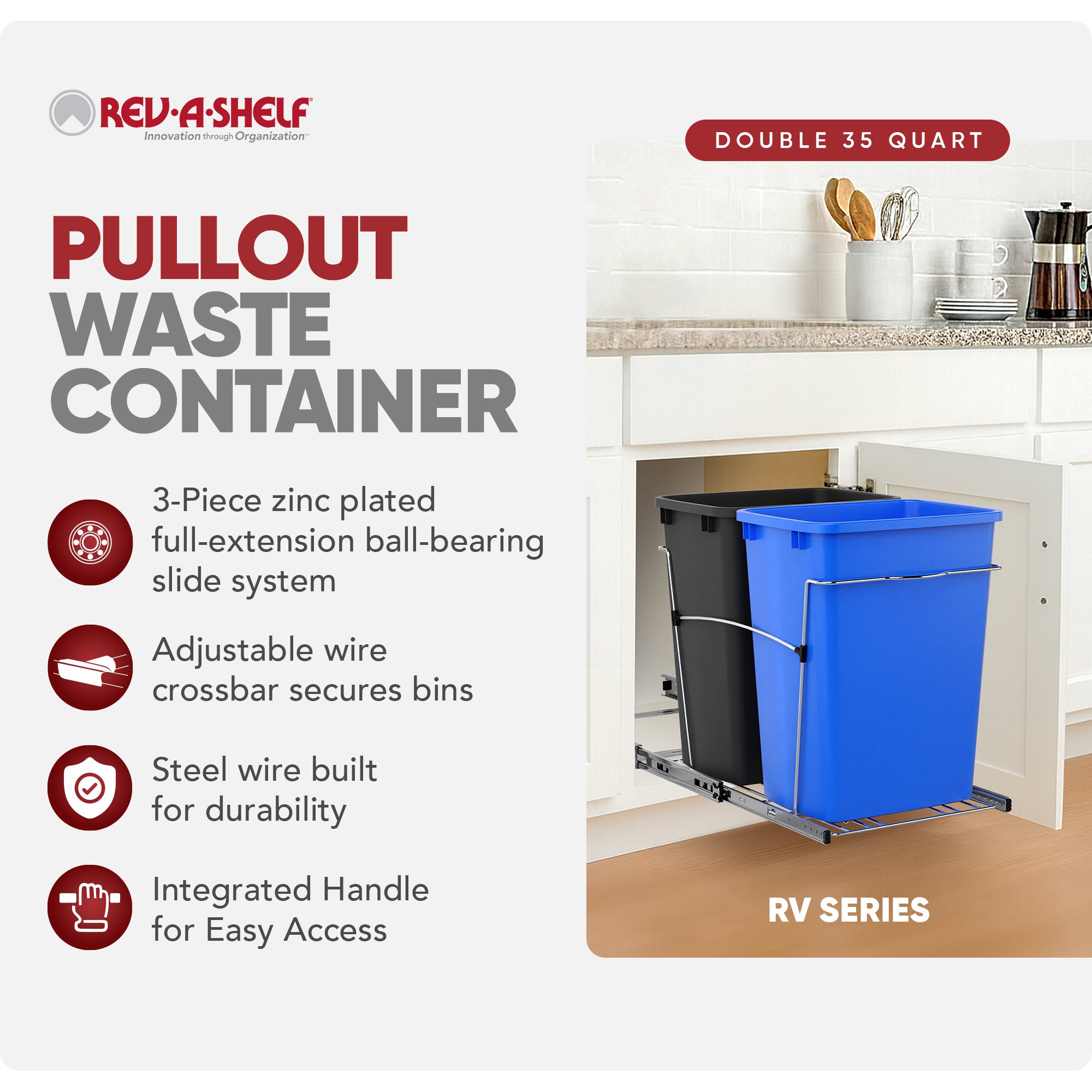 Rev-A-Shelf Double Pullout Trash Can 35 qt. for Kitchen, RV-18KD-2218C-S