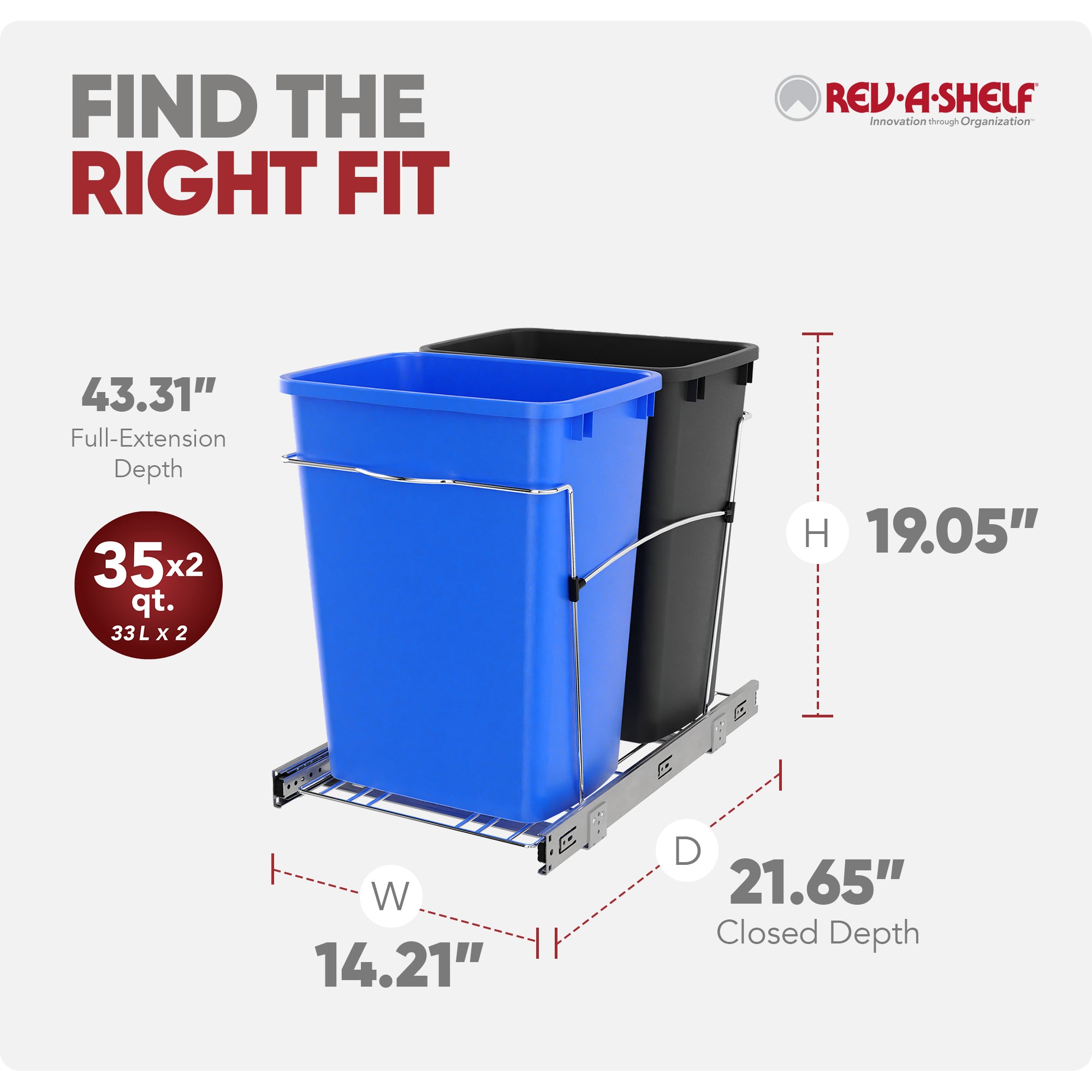 Rev-A-Shelf Double Pullout Trash Can 35 qt. for Kitchen, RV-18KD-2218C-S