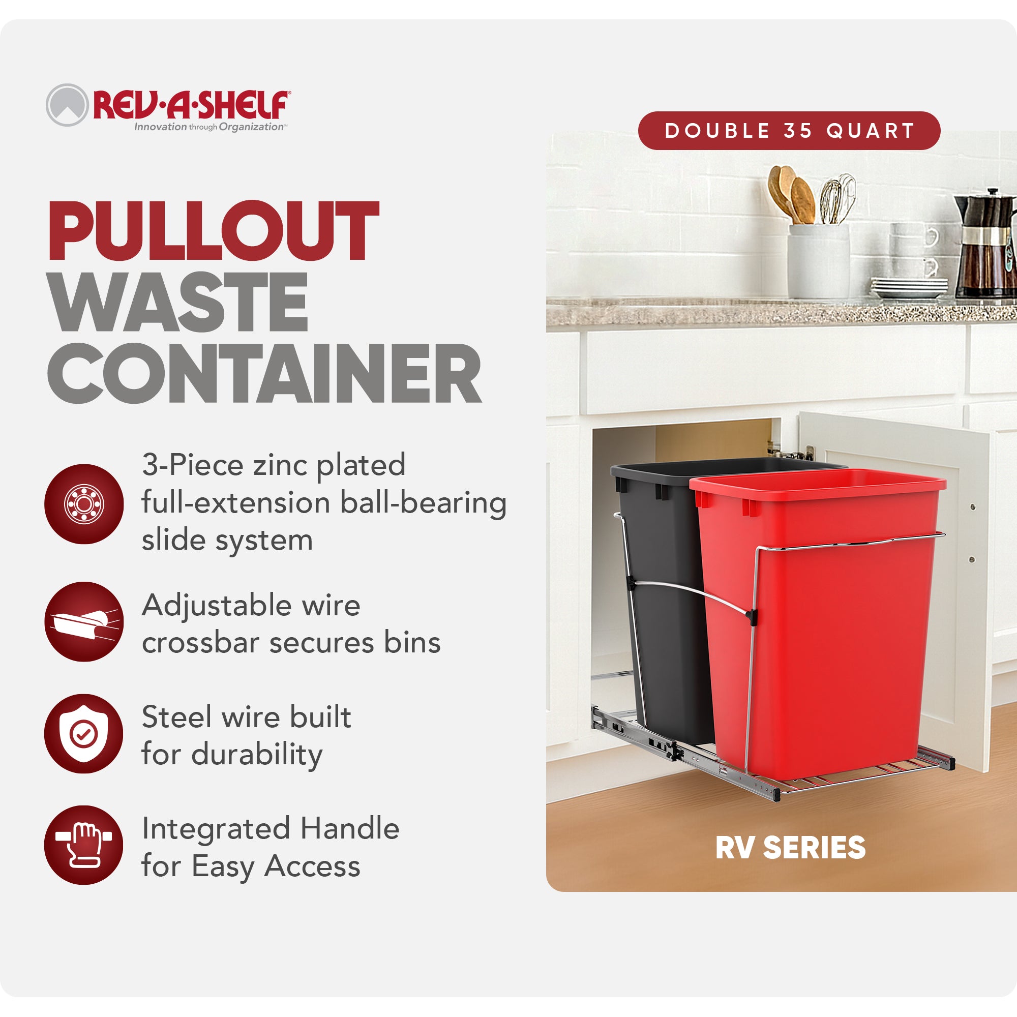 Rev-A-Shelf Double Pullout Trash Can 35 qt. for Kitchen, Red, RV-18KD-1618C-S - VMInnovations