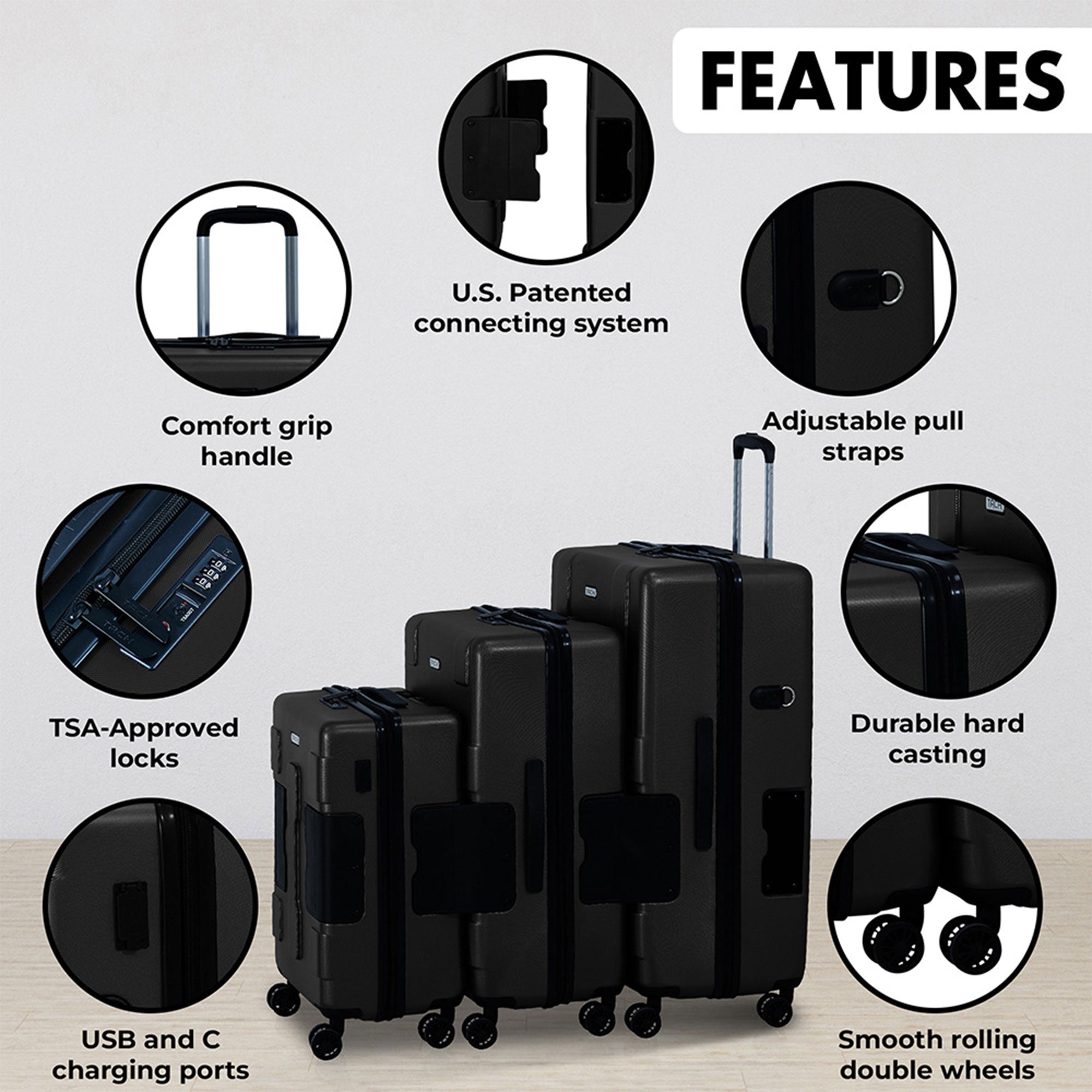 TACH 3Piece Hard Shell Rolling Travel Luggage Set w/ Wheels, Black (For Parts) - VMInnovations