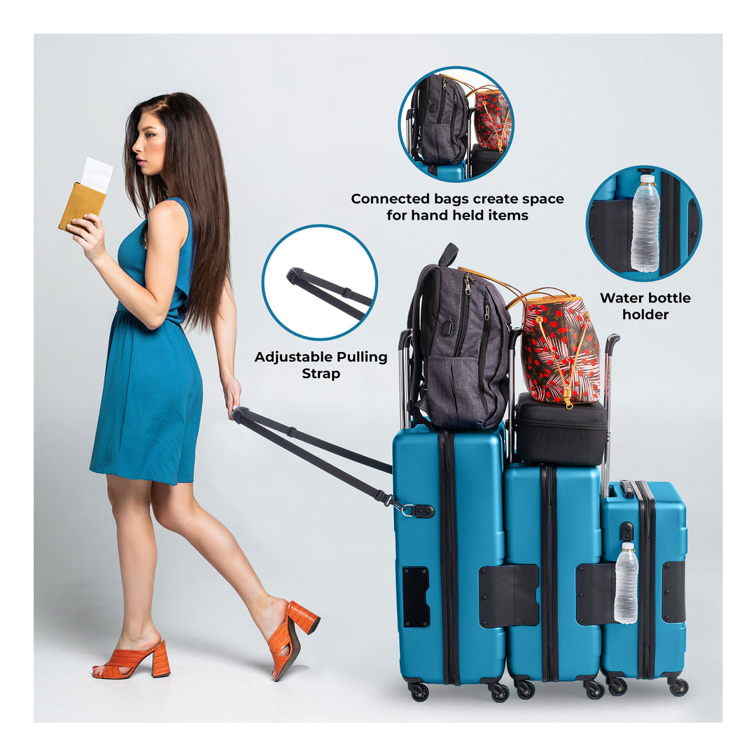 TACH V3 Connectable 3 Piece Hard Shell Spinner Luggage Set, Sky Blue (Used) - VMInnovations
