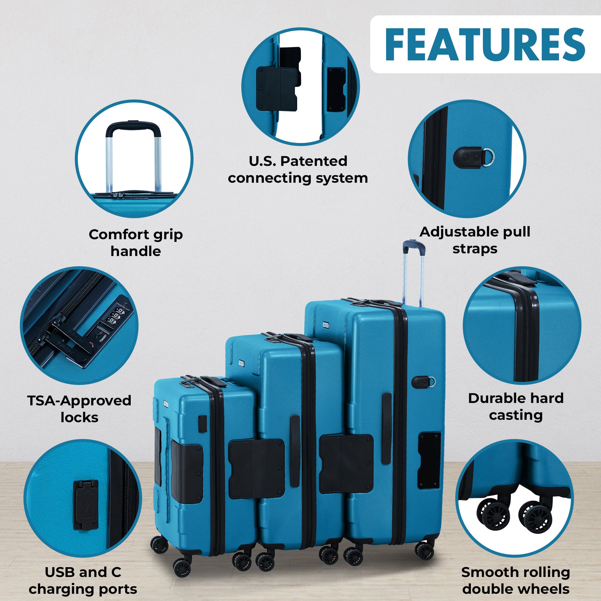 TACH V3 Hard Shell Rolling Suitcase Luggage Set w/ Wheels, Blue (Open Box) - VMInnovations