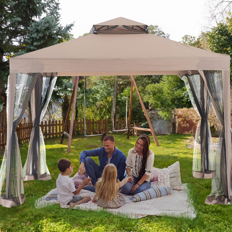 Sunjoy 10 x 10 Foot Hampton Soft Top Steel Gazebo w/ Netting, Brown (Open Box) - VMInnovations