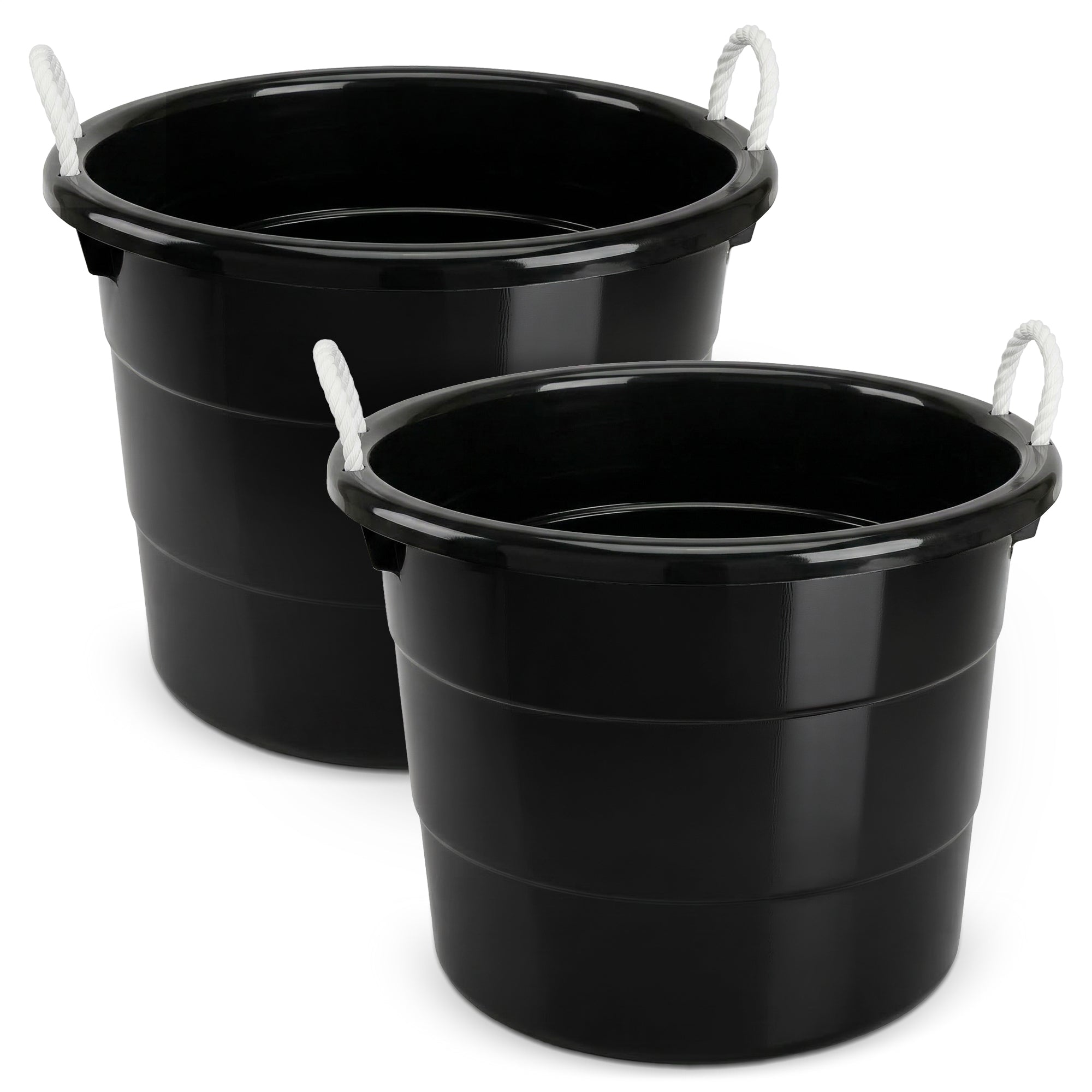 Homz 18 Gal Plastic Utility Storage Bucket Tub w/ Rope Handles, Black, (2 Pack)