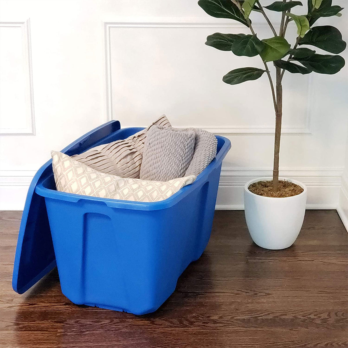 Homz 32 Gallon Standard Plastic Storage Container with Secure Lid, Blue, 4 Pack - VMInnovations