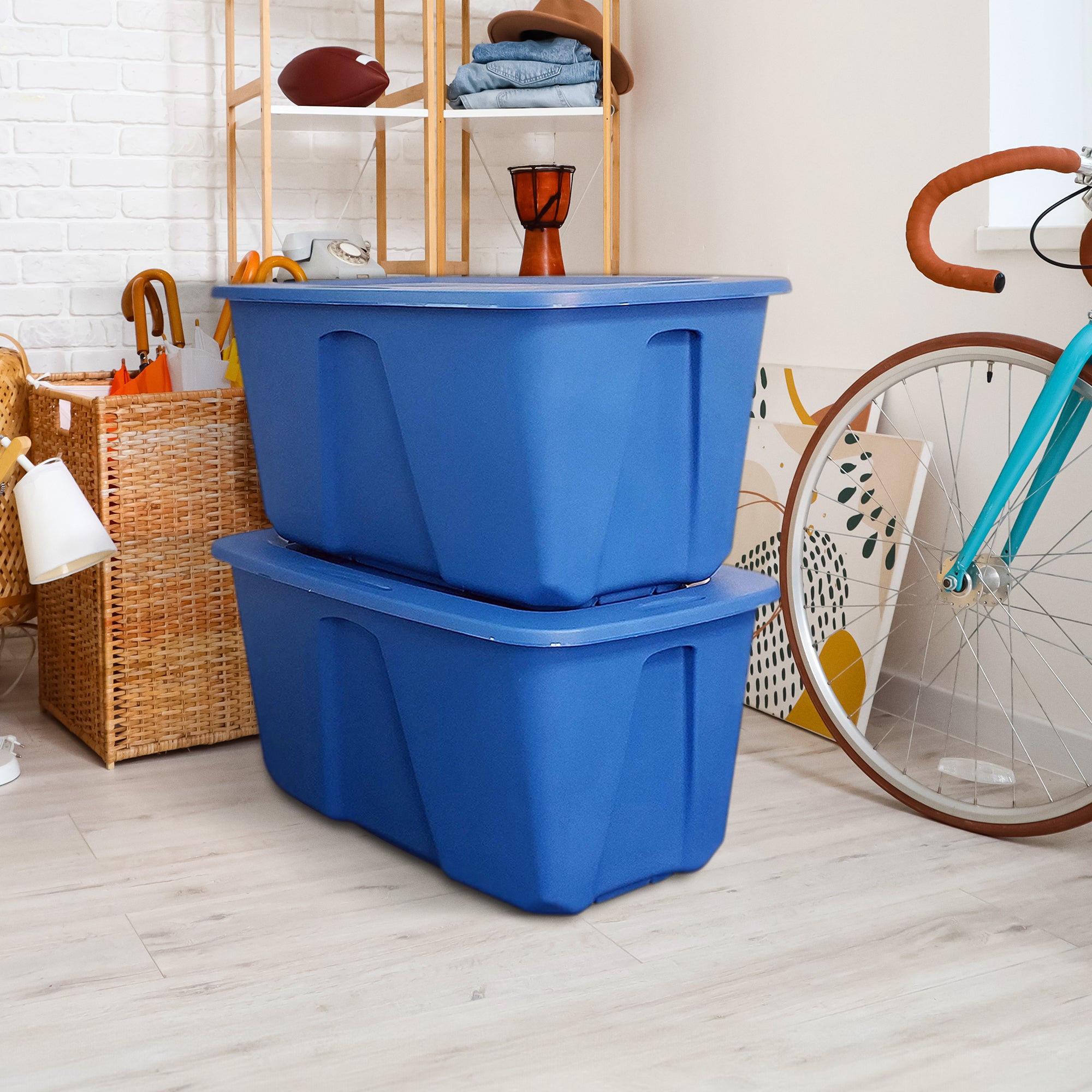 Homz 32 Gallon Plastic Storage Container w/ Secure Lid, Blue, 2 Pack (Open Box) - VMInnovations