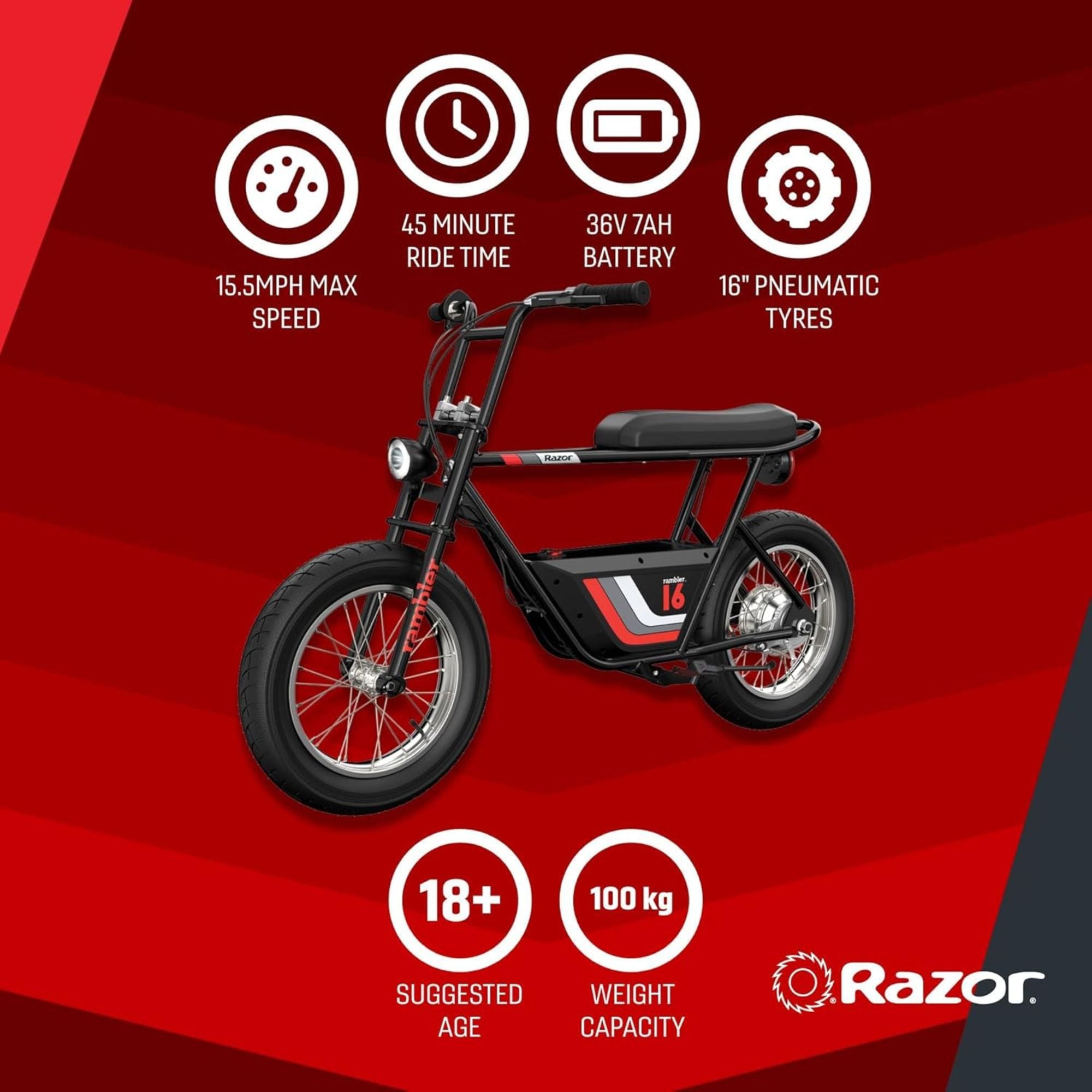 Razor Rambler 16 Electric Retro Minibike with 350W Motor & 36V Battery(Open Box)