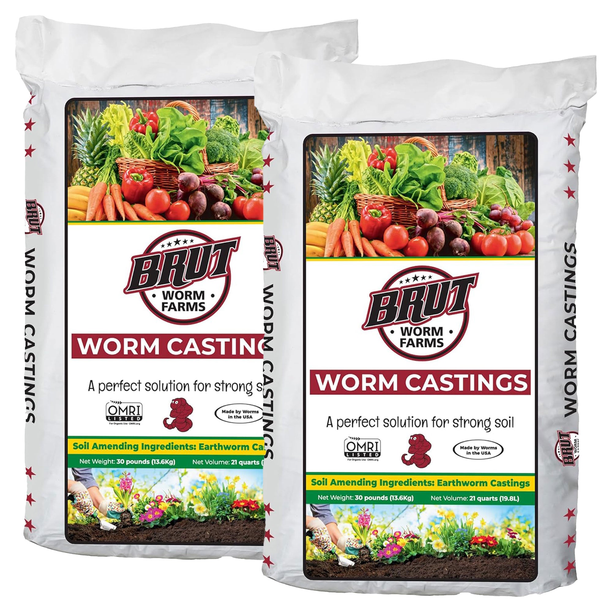 Brut Worm Farms Organic Worm Castings Soil Builder Set, 30 Pound Bag (2 Pack) - VMInnovations