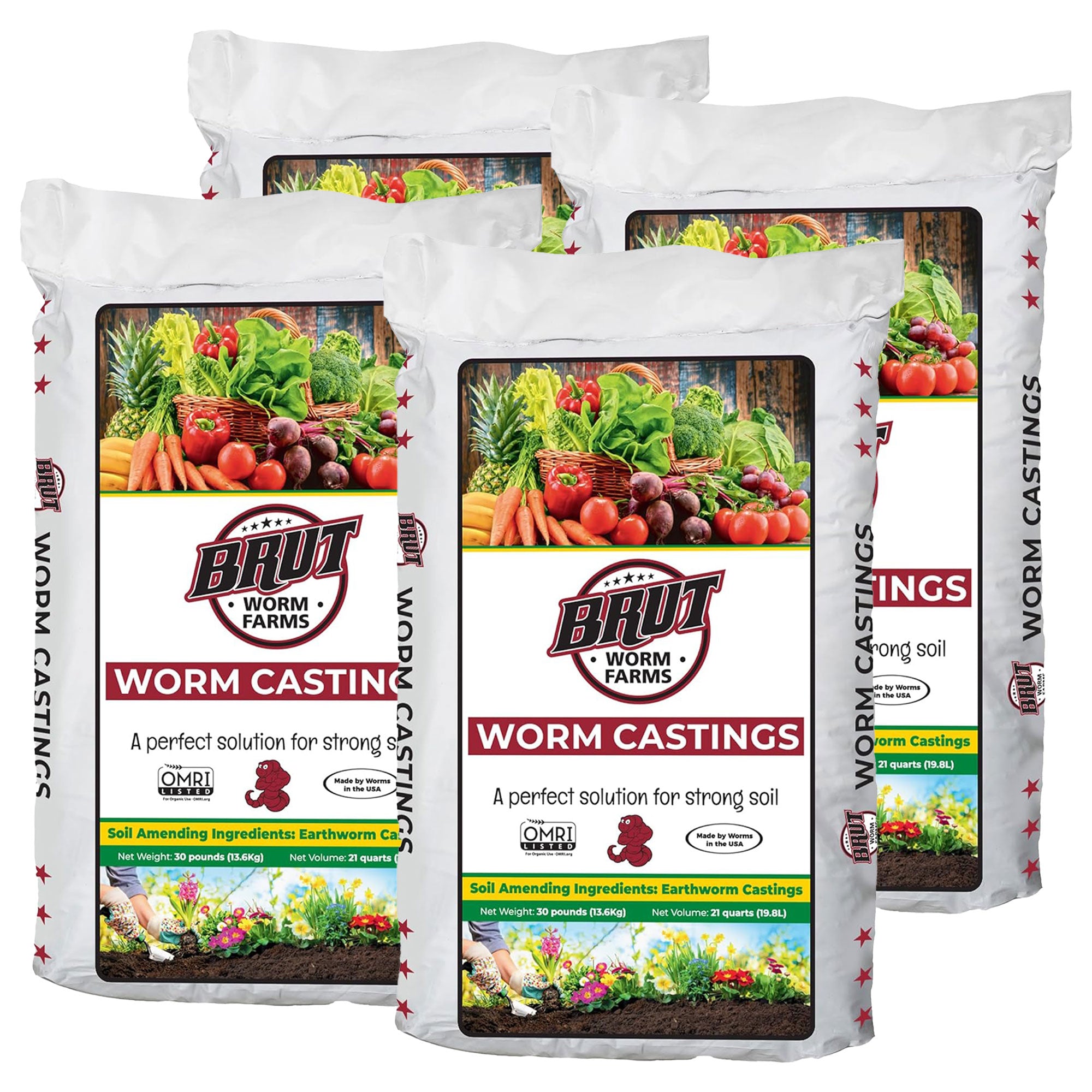 Brut Worm Farms Organic Worm Castings Soil Builder, 30 Pound Bag (4 Pack) - VMInnovations