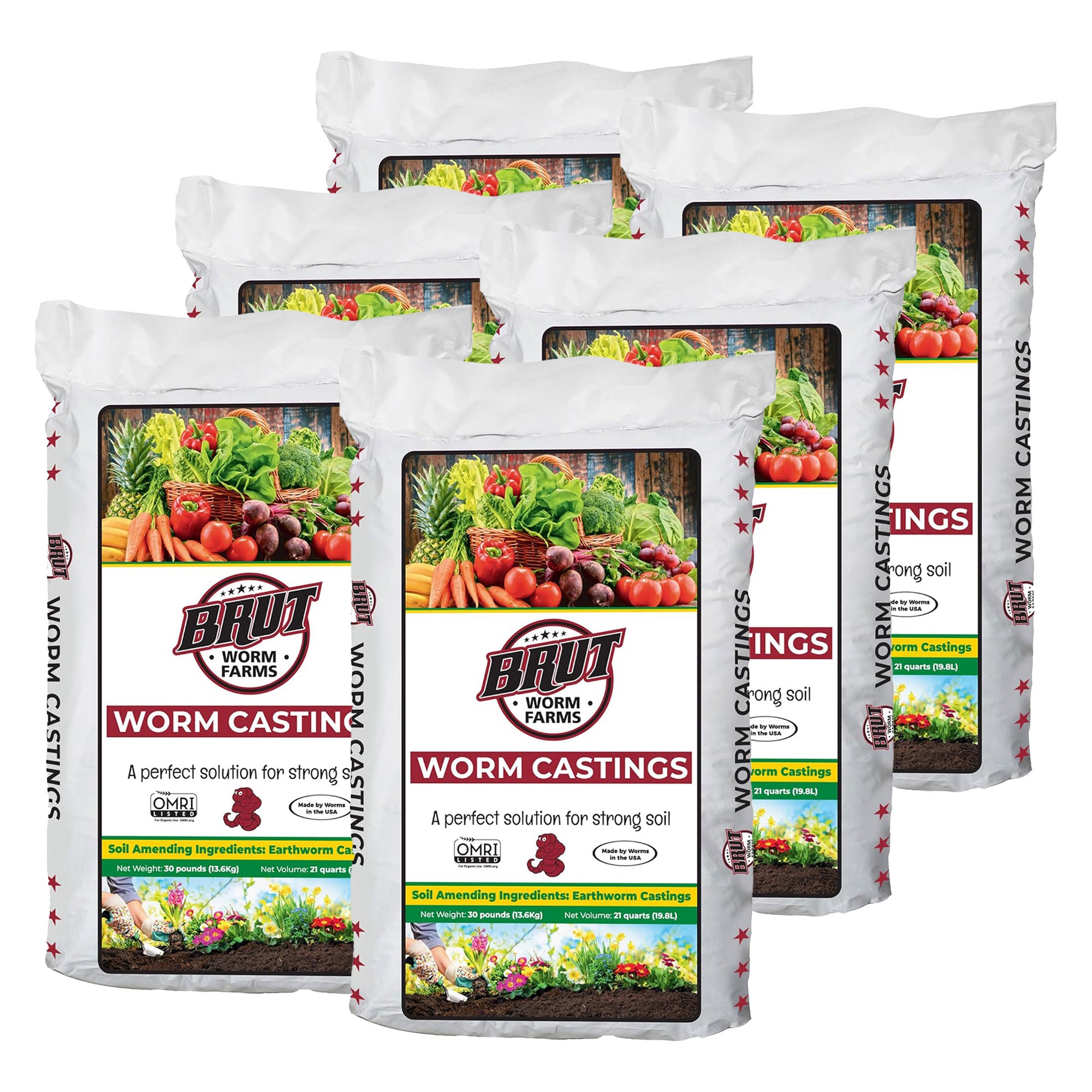 Brut Worm Farms Organic Worm Castings Soil Builder, 30 Pound Bag (6 Pack) - VMInnovations