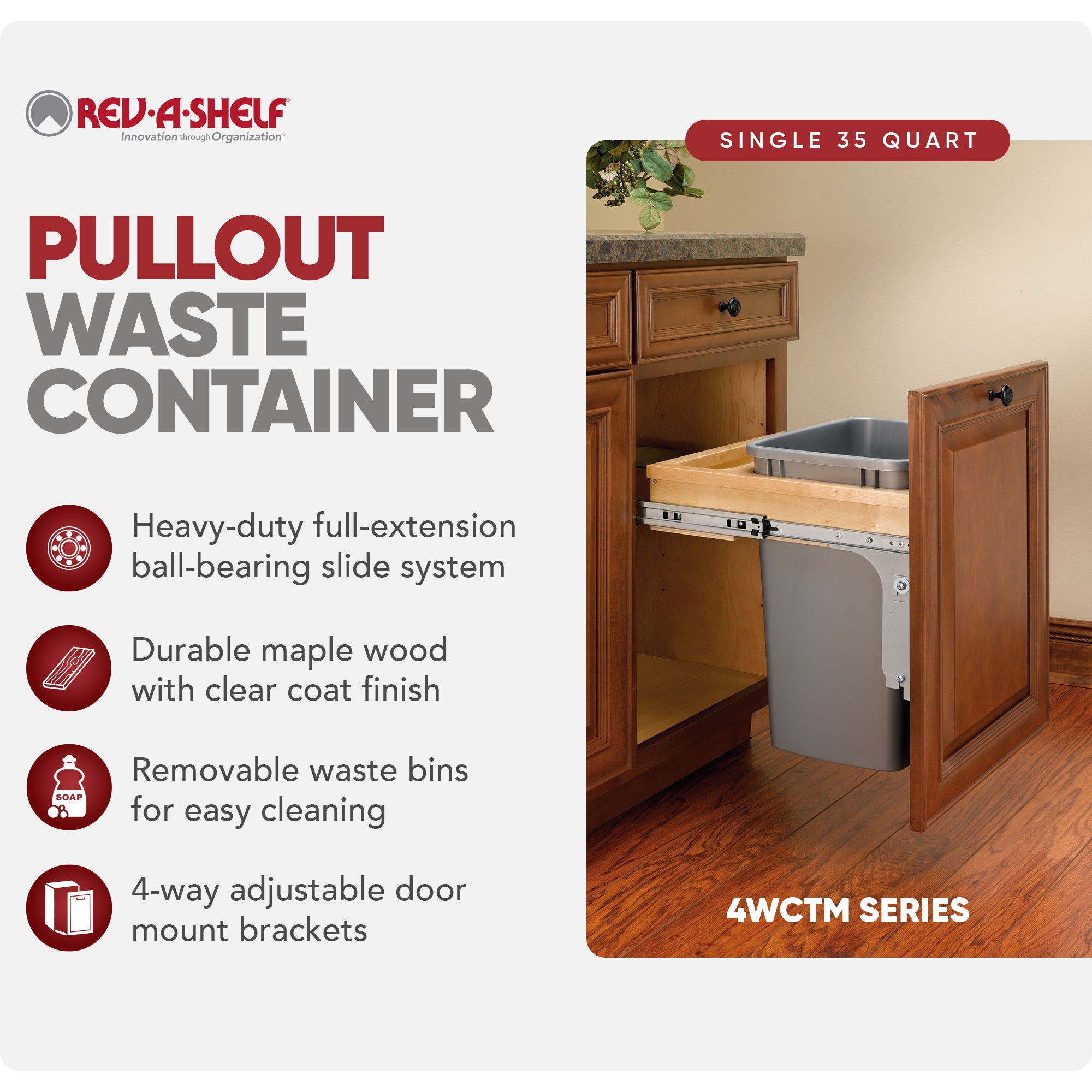 Rev-A-Shelf Single Pullout Trash Can, Reduced Depth, 35 qt., 4WCTM-1816DM-1