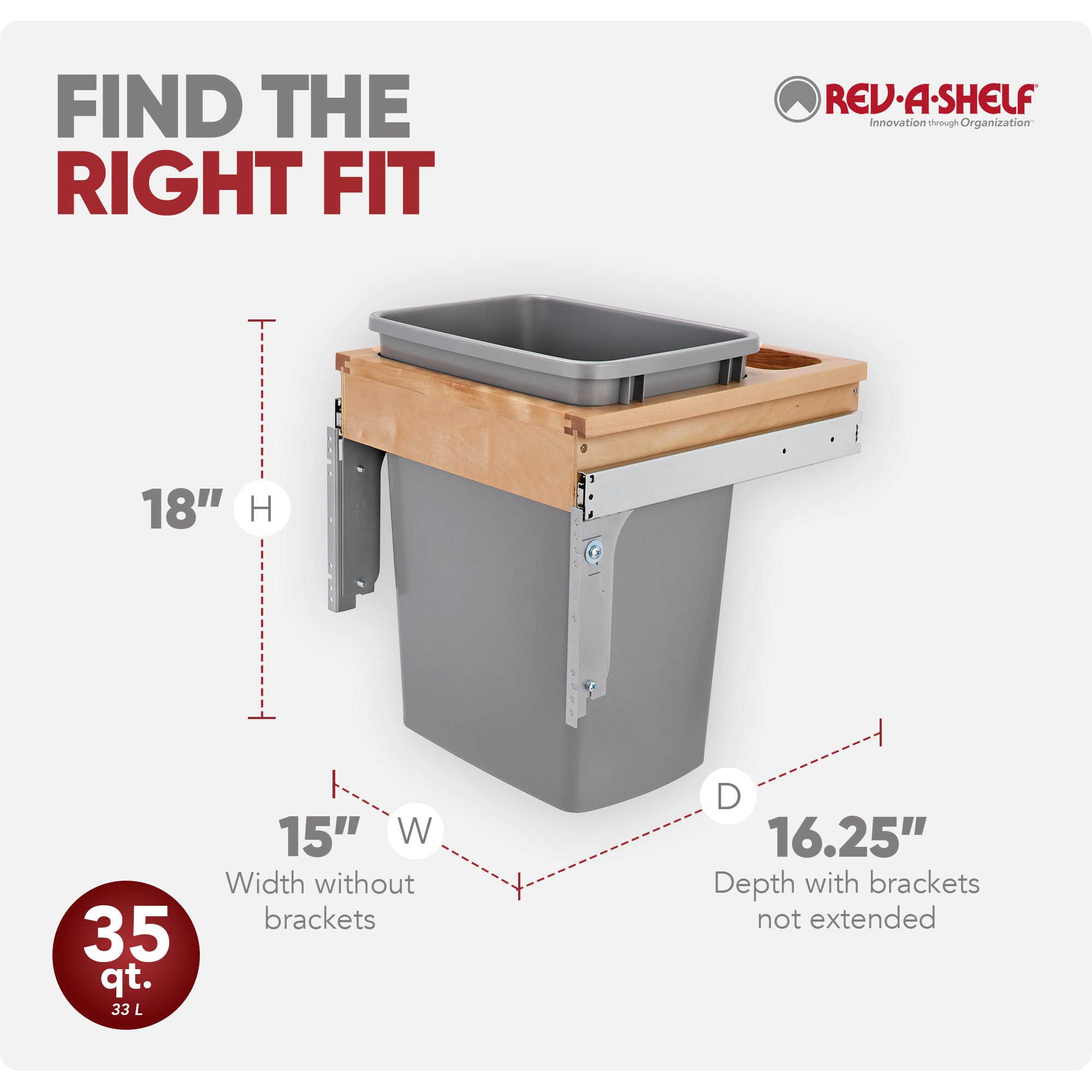 Rev-A-Shelf Single Pullout Trash Can, Reduced Depth, 35 qt., 4WCTM-1816DM-1