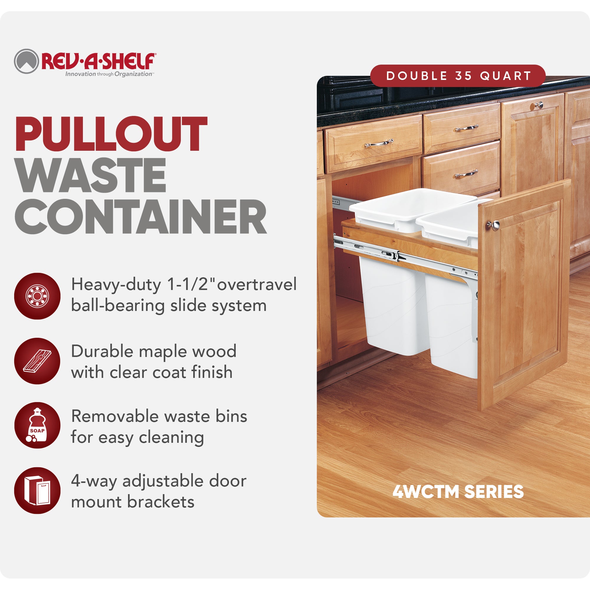 Rev-A-Shelf Double Pullout Top Mount Trash Can, 35 qt., 4WCTM-18DM2-419-FL