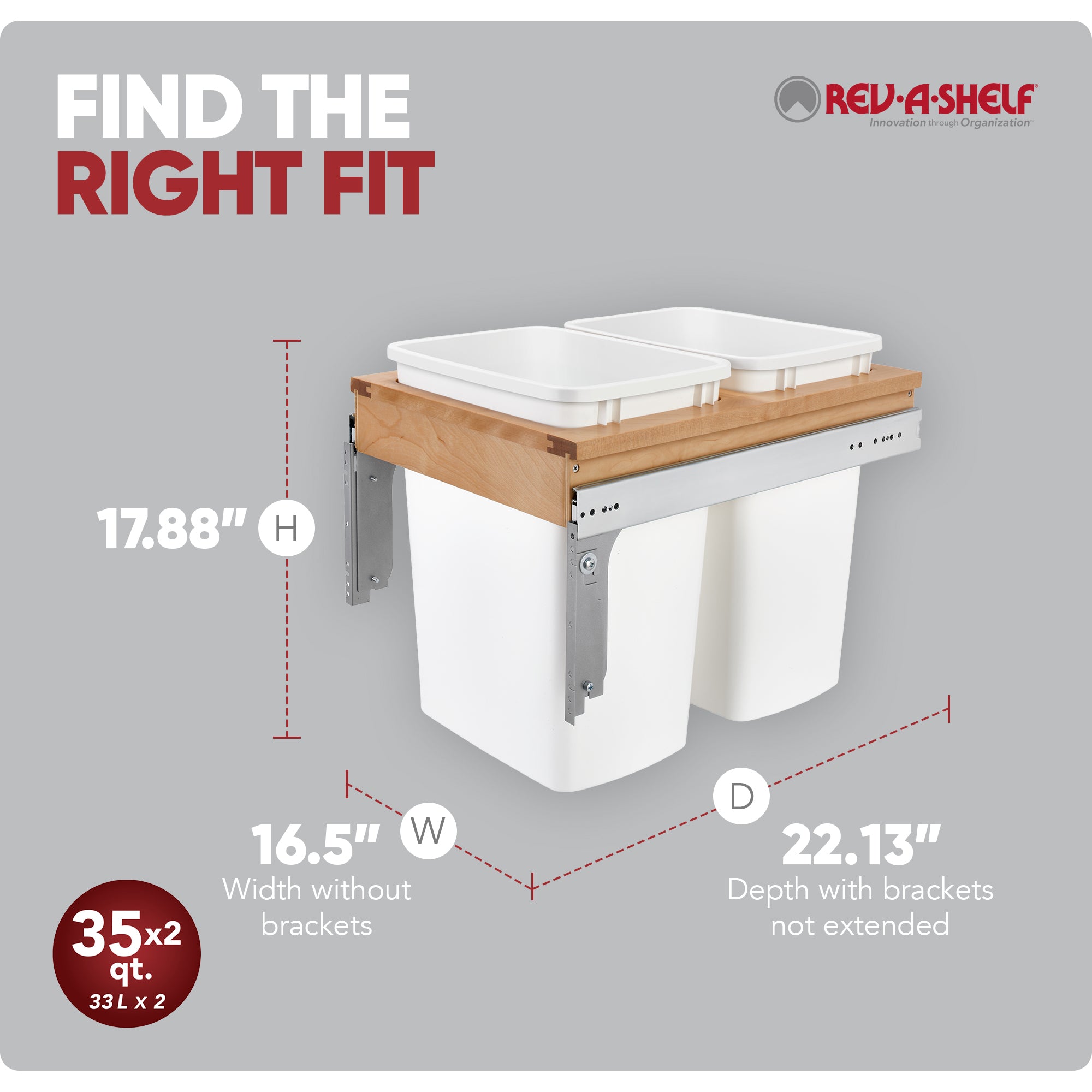 Rev-A-Shelf Double Pullout Top Mount Trash Can, 35 qt., 4WCTM-18DM2-419-FL