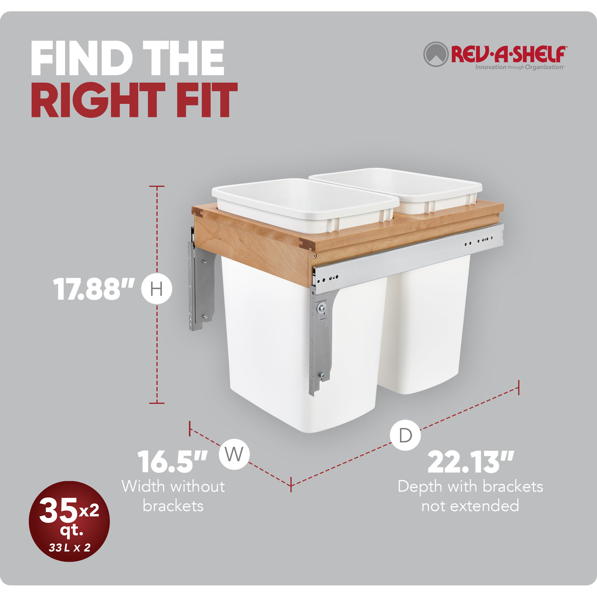 Rev-A-Shelf Double Pullout Top Mount Trash Can, 35 qt., 4WCTM-18DM2-419-FL
