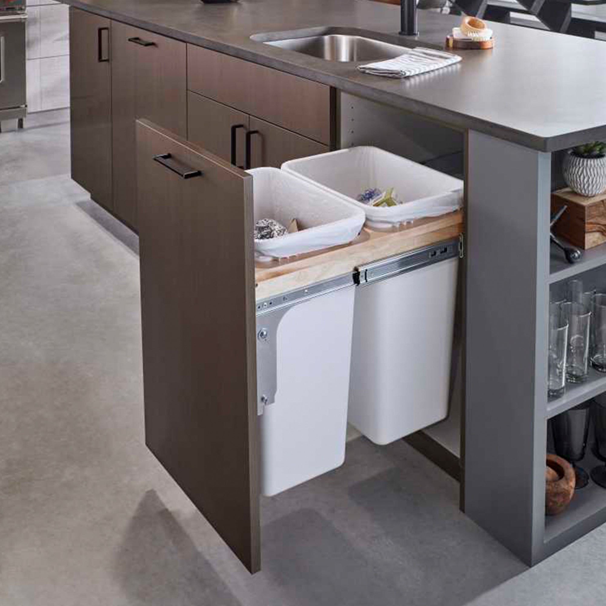Rev-A-Shelf Double Pullout Top Mount Trash Can, 35 qt., 4WCTM-18DM2-419-FL - VMInnovations