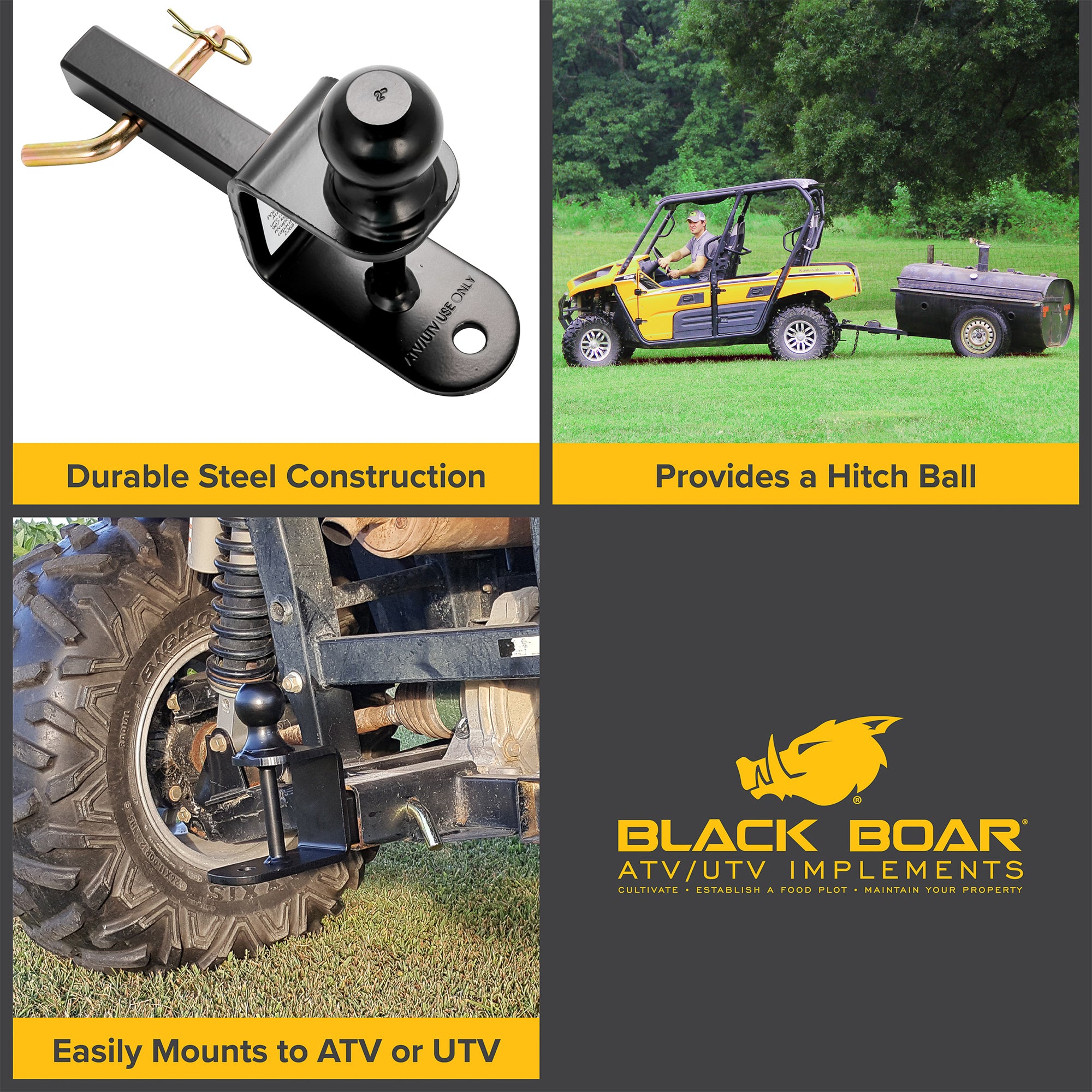 Camco Black Boar 66024 ATV UTV Multi Hitch 2 Inch Ball Mount, 1 1/4 Inch Shank