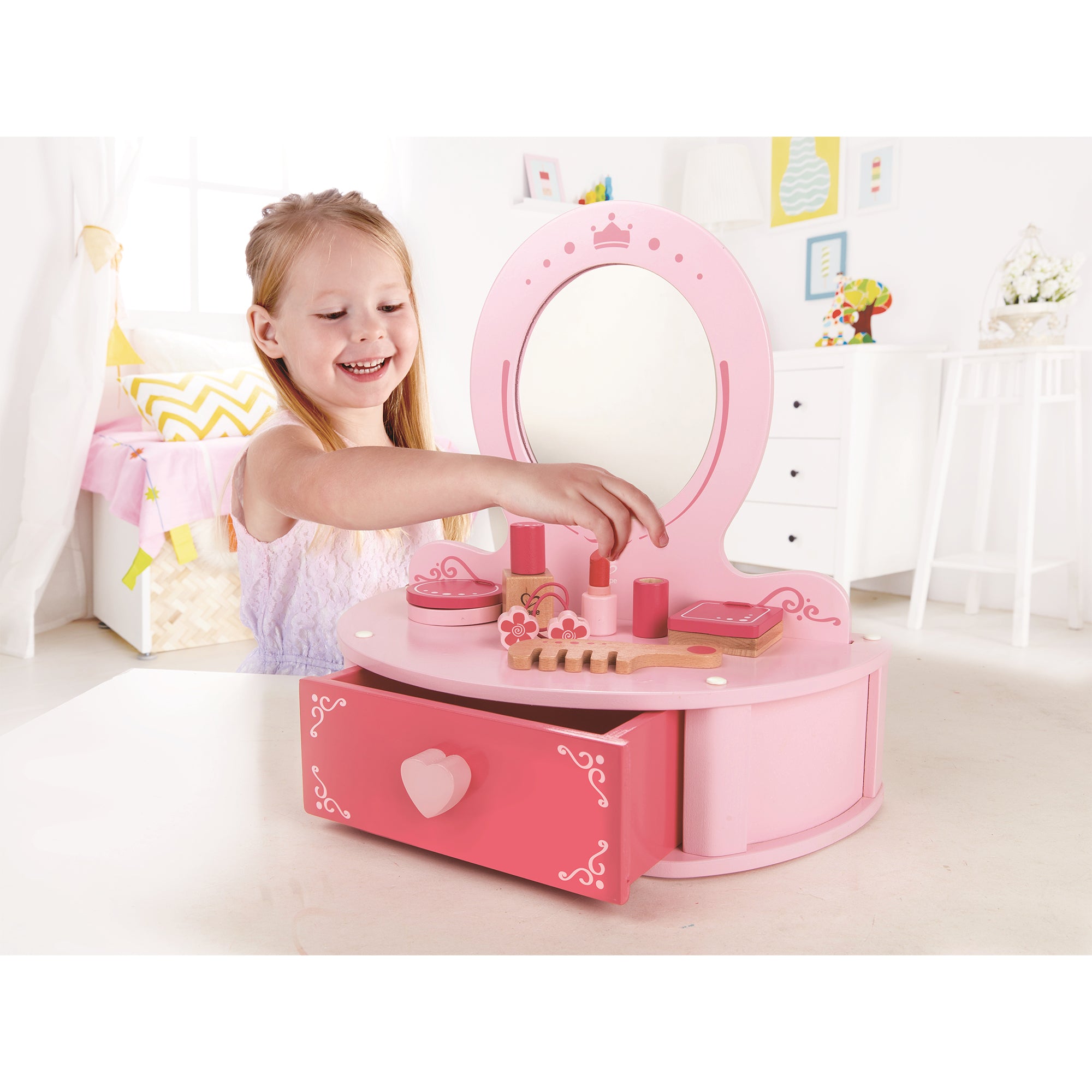 Petite Vanity Toy Wooden Beauty Counter with Mirror and Accessories (Open Box) - VMInnovations