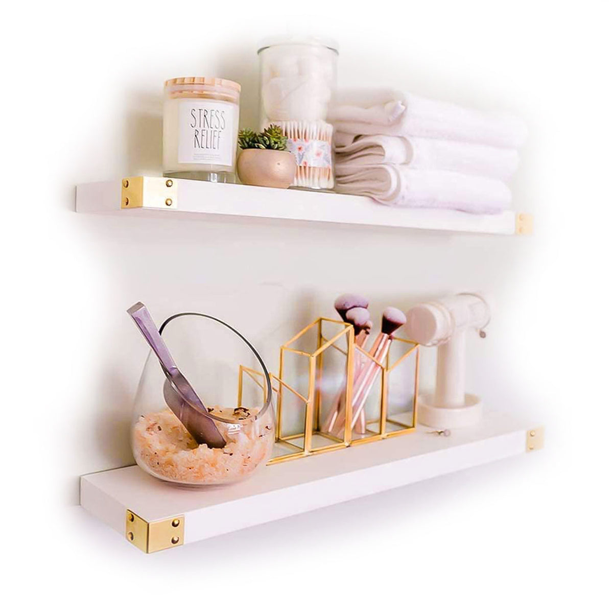 Willow & Grace Noelle 24 Inch Floating Wood Wall Mount Shelves, White, Set of 2