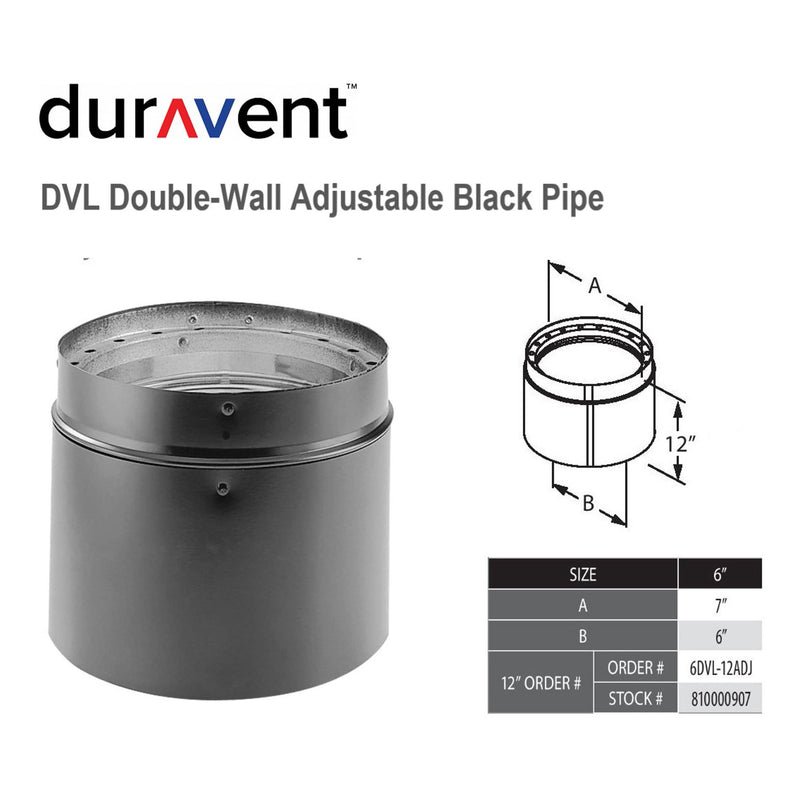 DuraVent DVL 6DVL-12ADJ Adjustable Steel Double Wall Stove Pipe, Black - VMInnovations