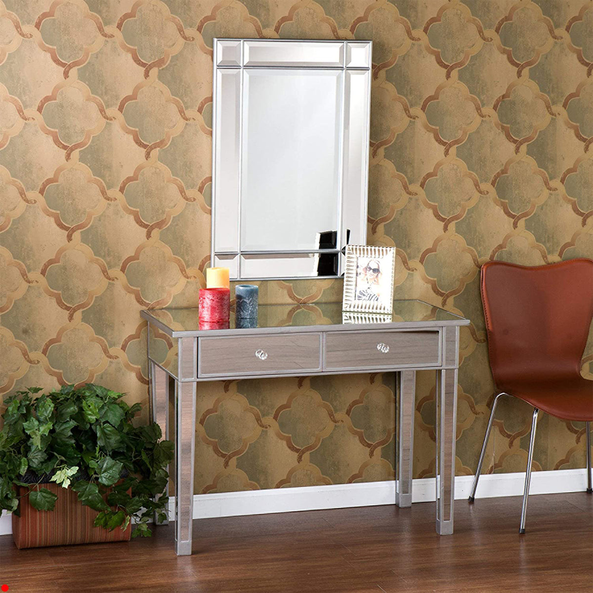 SEI Furniture Mirage Mirrored Vanity Desk 2 Drawer Media Console Table, Silver