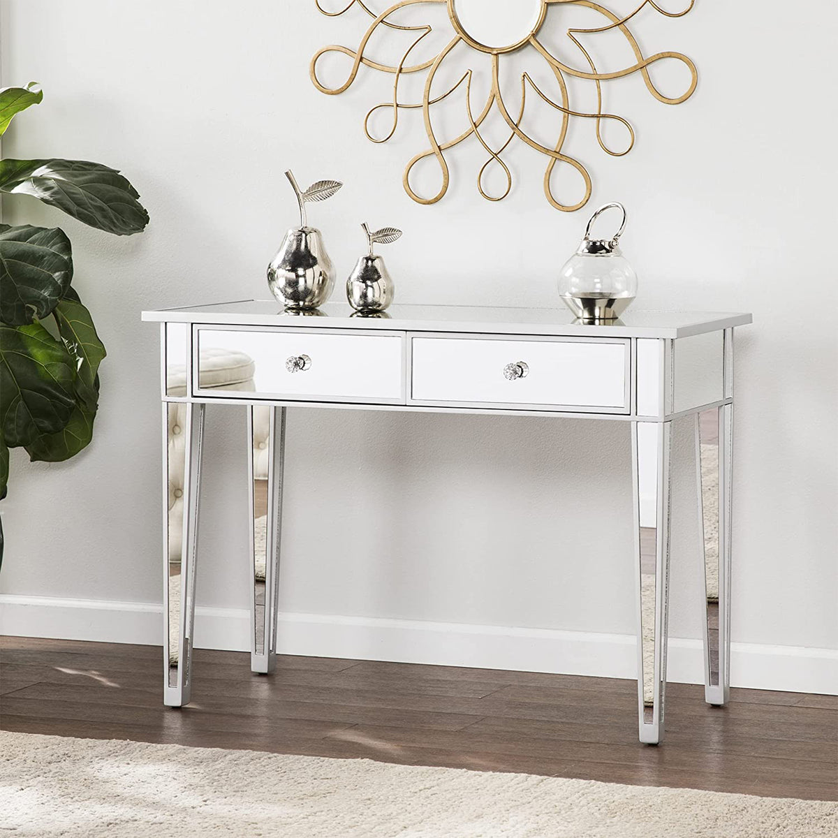 SEI Furniture Mirage Mirrored Vanity Desk 2 Drawer Media Console Table, Silver