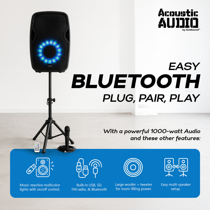 Acoustic Audio by Goldwood 1000W Bluetooth Speaker, PA System w/Flashing LEDs - VMInnovations