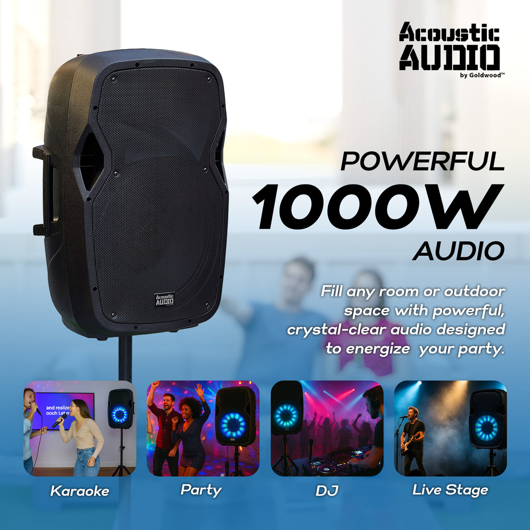 Acoustic Audio by Goldwood 1000W Bluetooth Speaker, PA System w/Flashing LEDs - VMInnovations