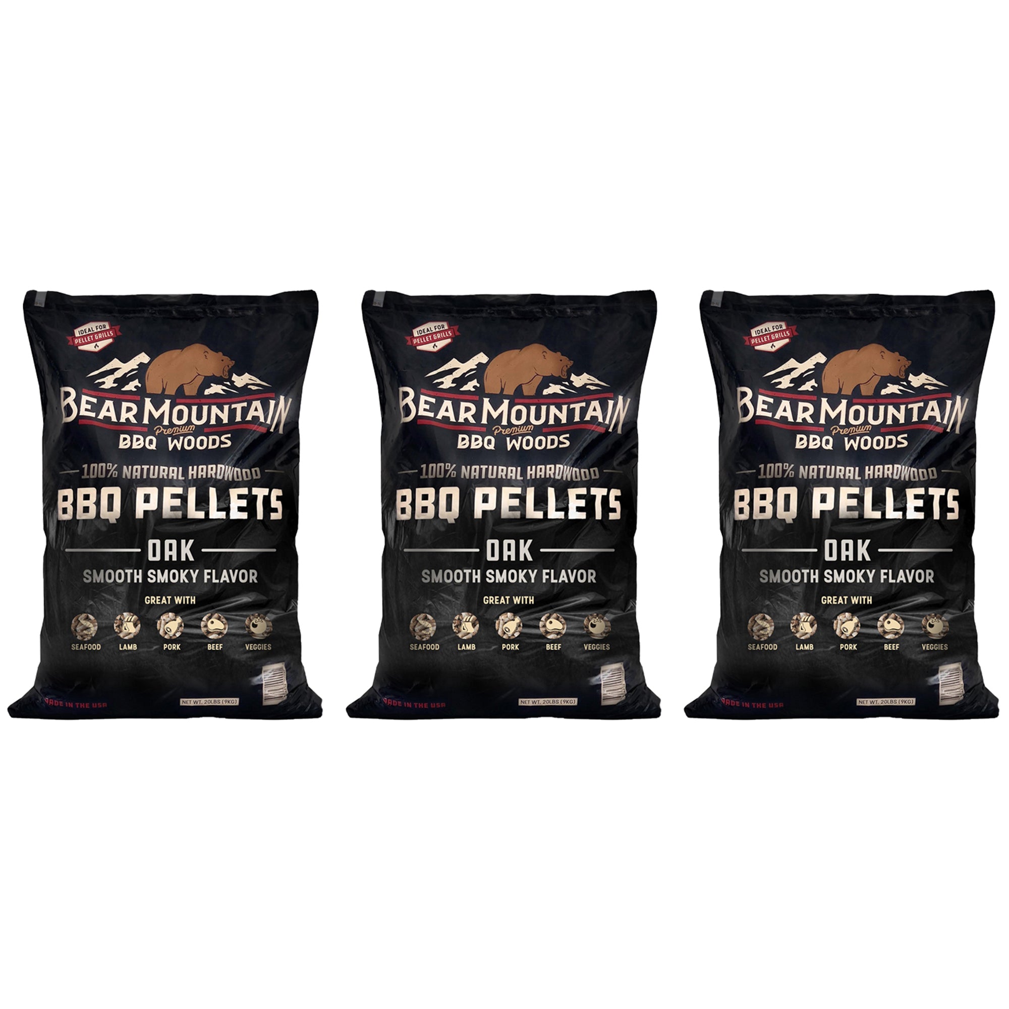 Bear Mountain BBQ All Natural Hardwood Oak BBQ Smoker Pellets, 20 lbs (3 Pack) - VMInnovations
