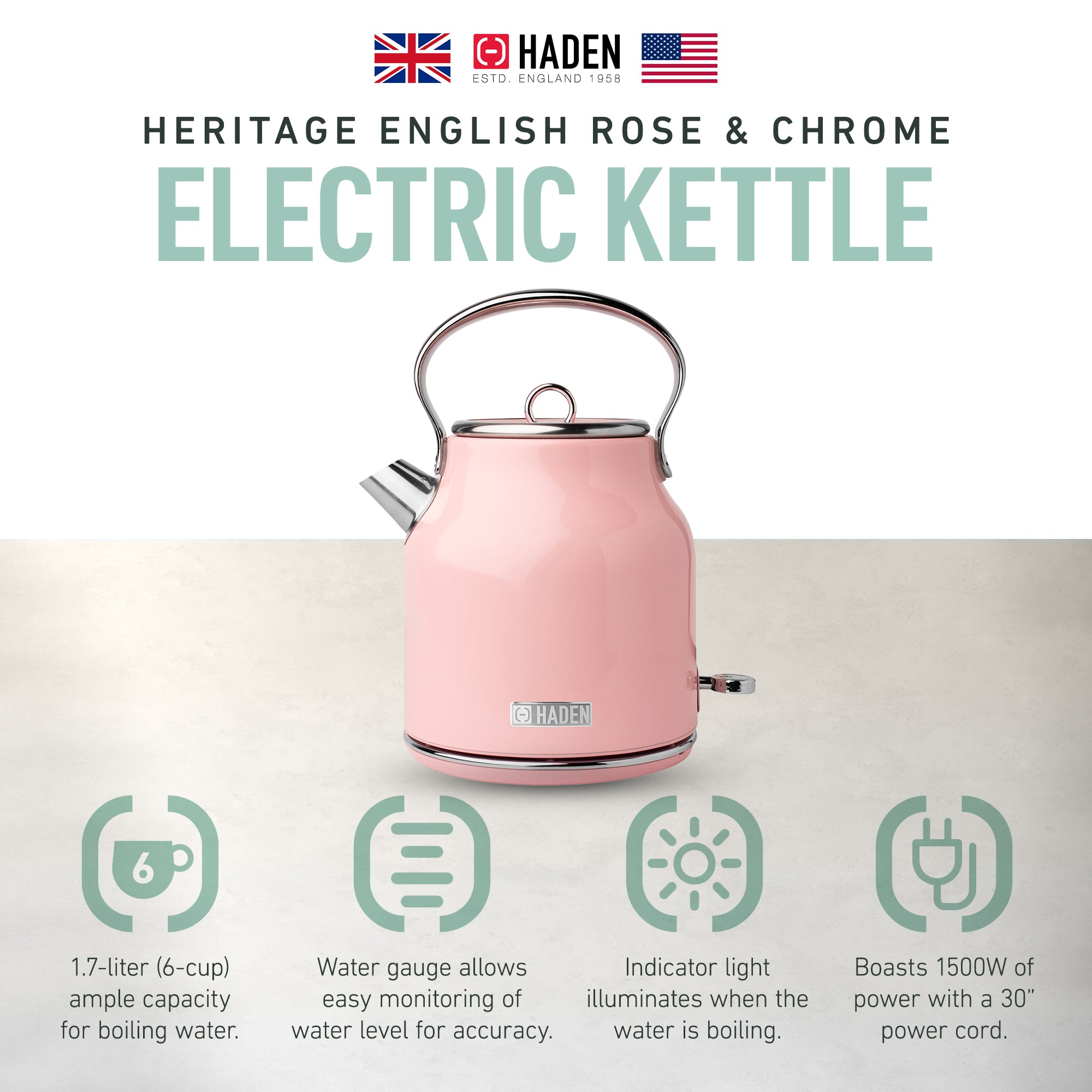 Haden Heritage 1.7 Liter Stainless Steel Electric Water Kettle, English Rose - VMInnovations