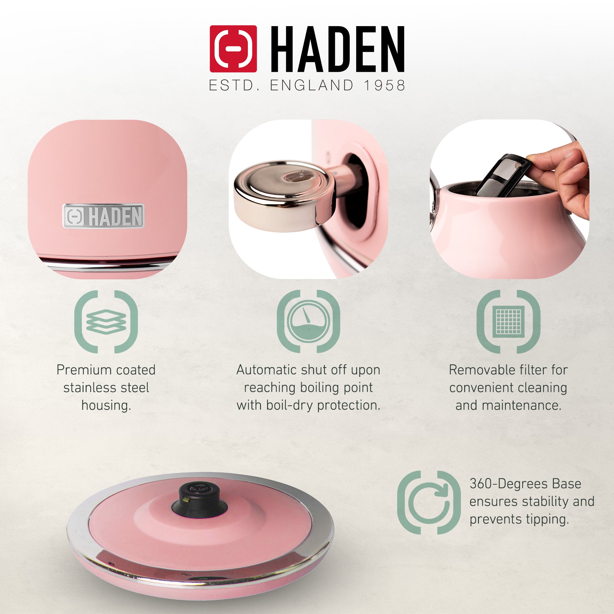 Haden Heritage 1.7 Liter Stainless Steel Electric Water Kettle, English Rose - VMInnovations