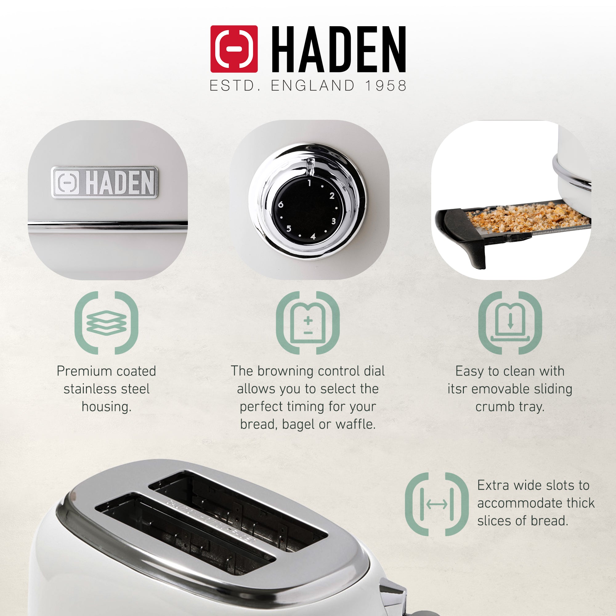 Haden Heritage 2 Slice Wide Slot Stainless Steel Bread Toaster, White (Used) - VMInnovations