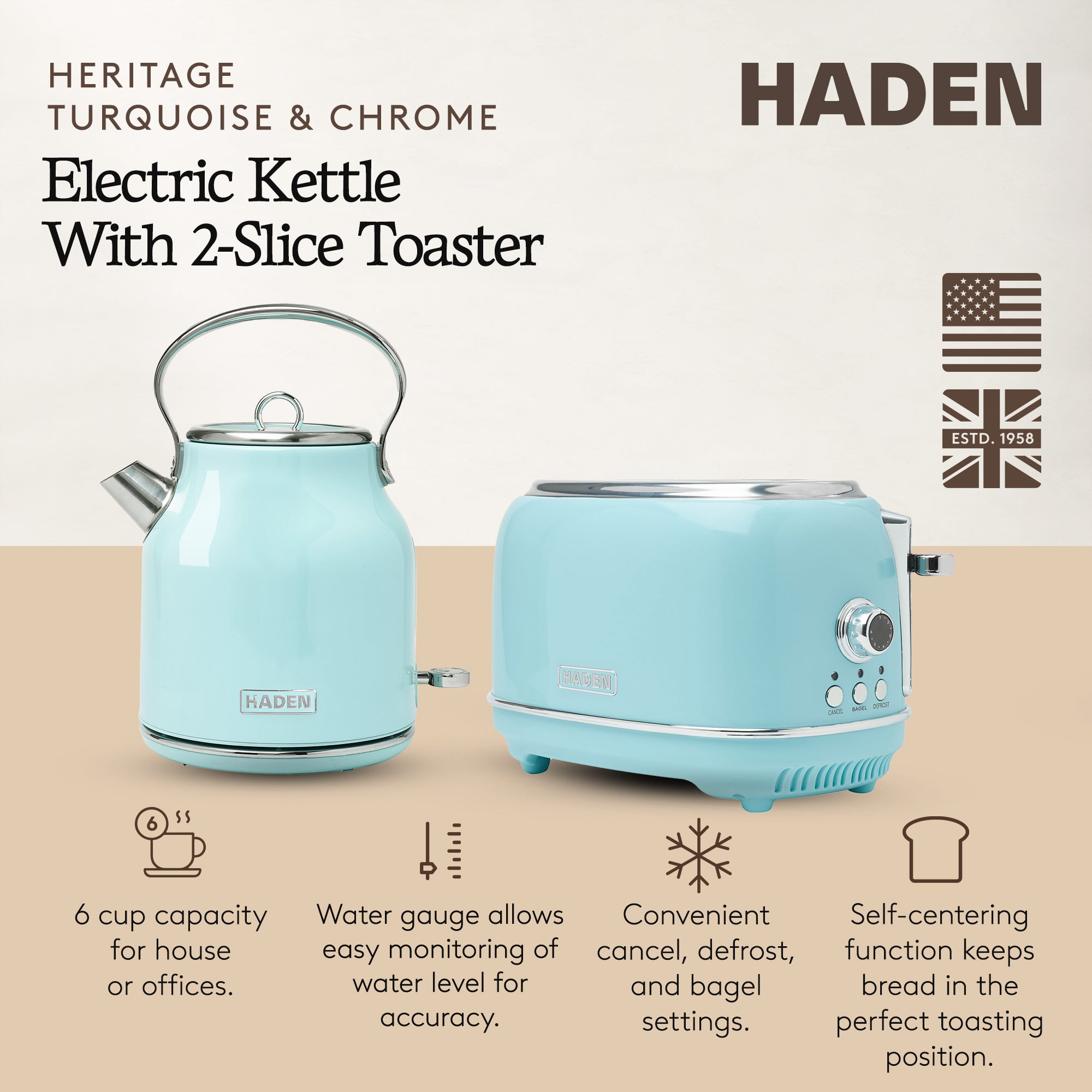 Haden Heritage 1.7 Liter Stainless Steel Electric Kettle with Toaster, Turquoise - VMInnovations