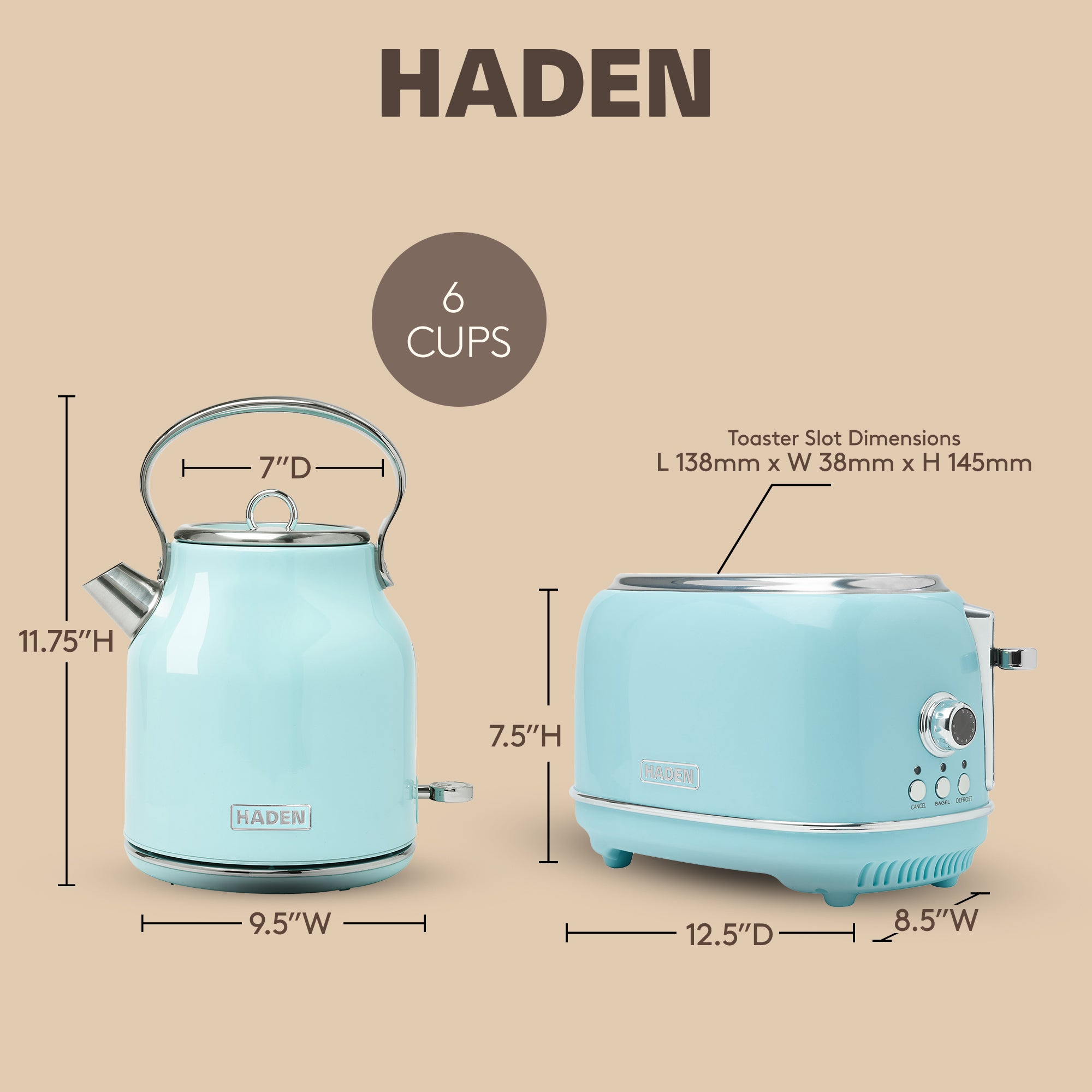 Haden Heritage 1.7 Liter Stainless Steel Electric Kettle with Toaster, Turquoise - VMInnovations