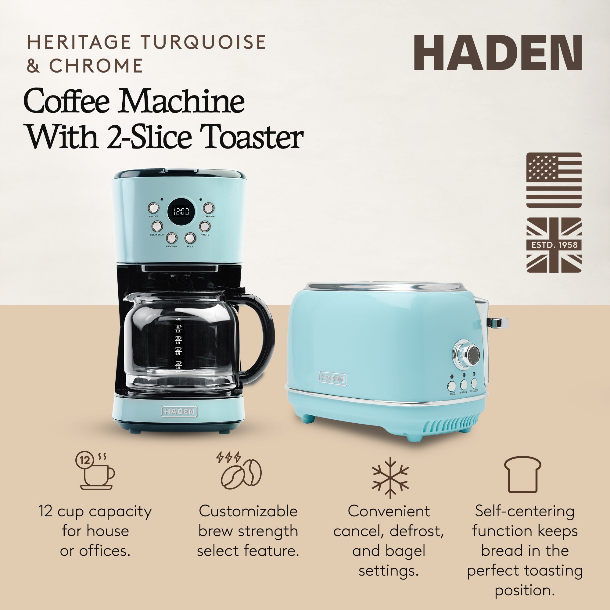 Haden Heritage 12 Cup Programmable Coffee Maker with 2 Slice Toaster, Turquoise - VMInnovations