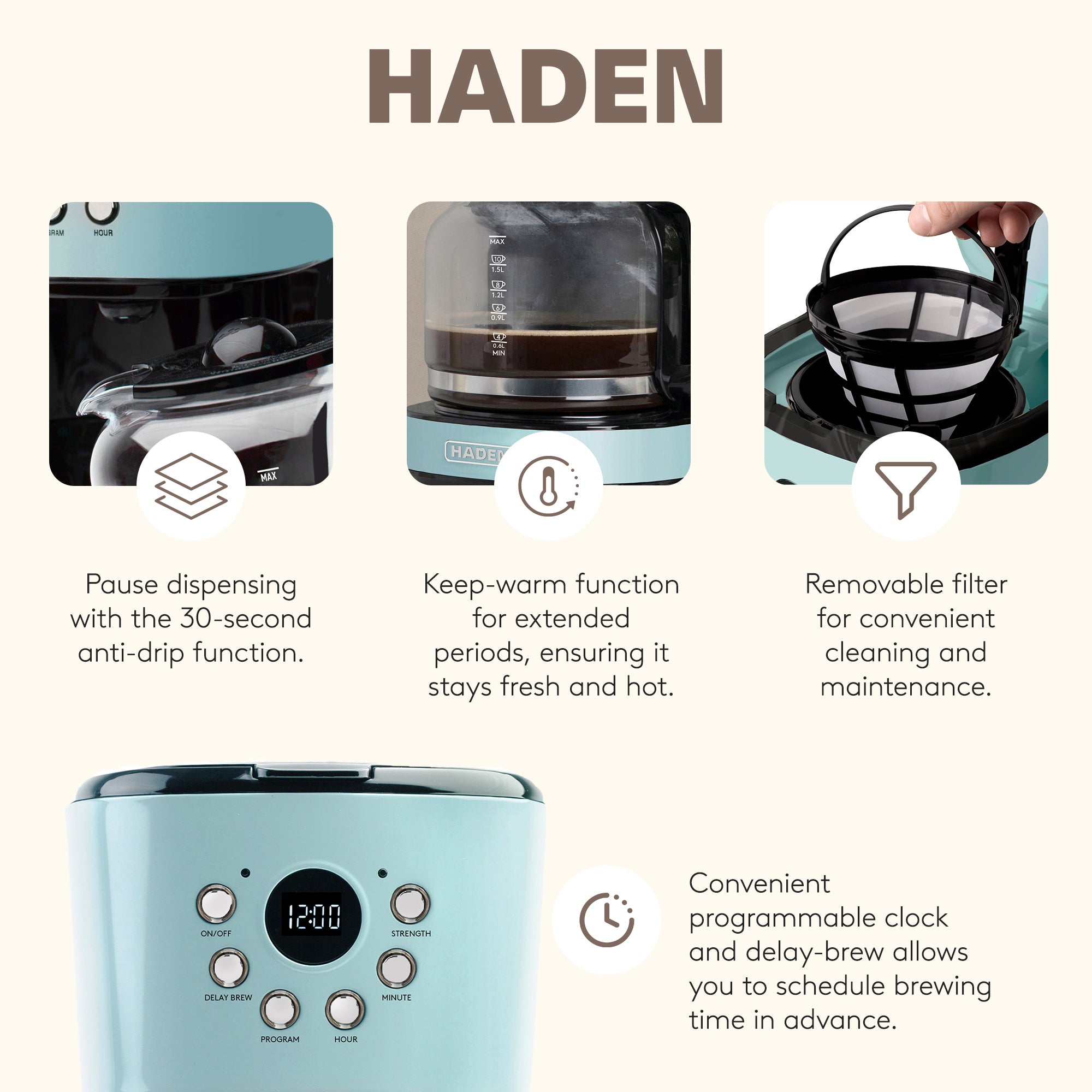 Haden Heritage 12 Cup Programmable Coffee Maker with 2 Slice Toaster, Turquoise - VMInnovations