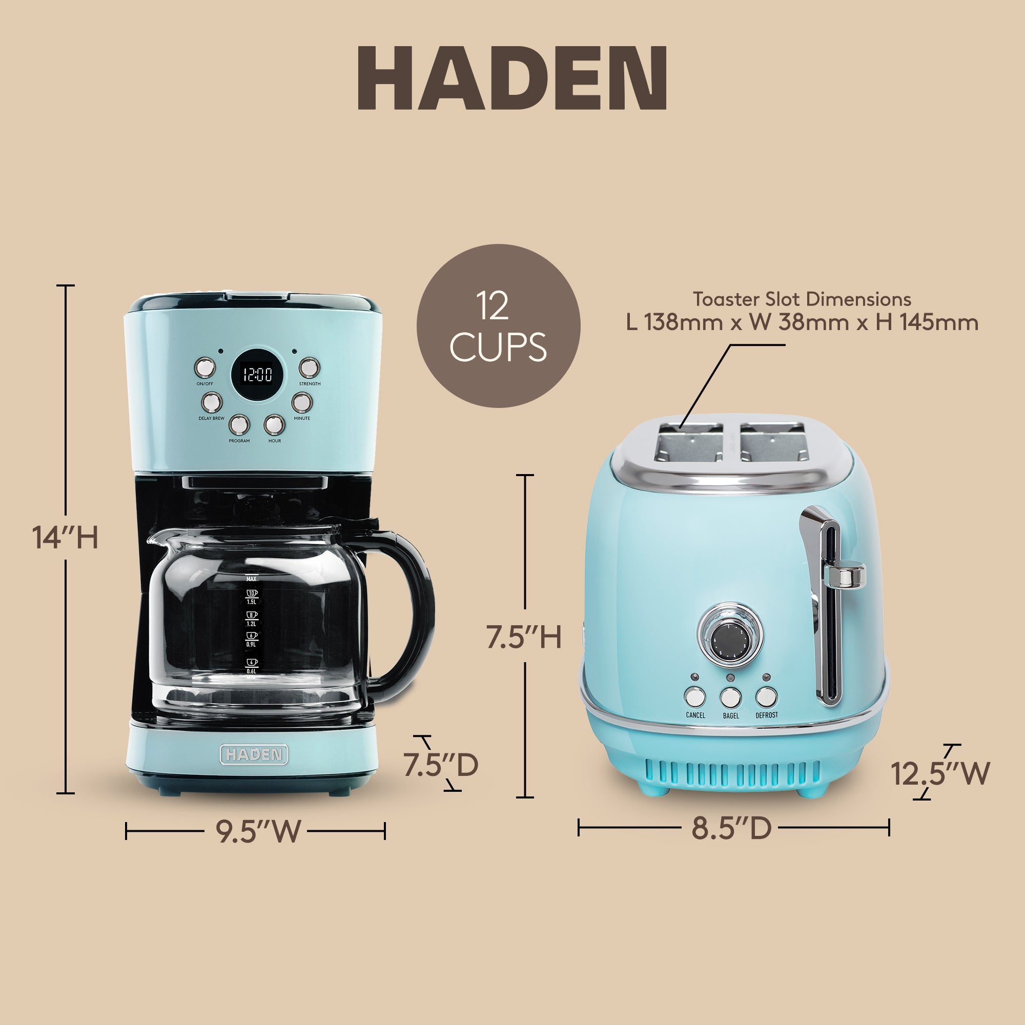 Haden Heritage 12 Cup Programmable Coffee Maker with 2 Slice Toaster, Turquoise - VMInnovations