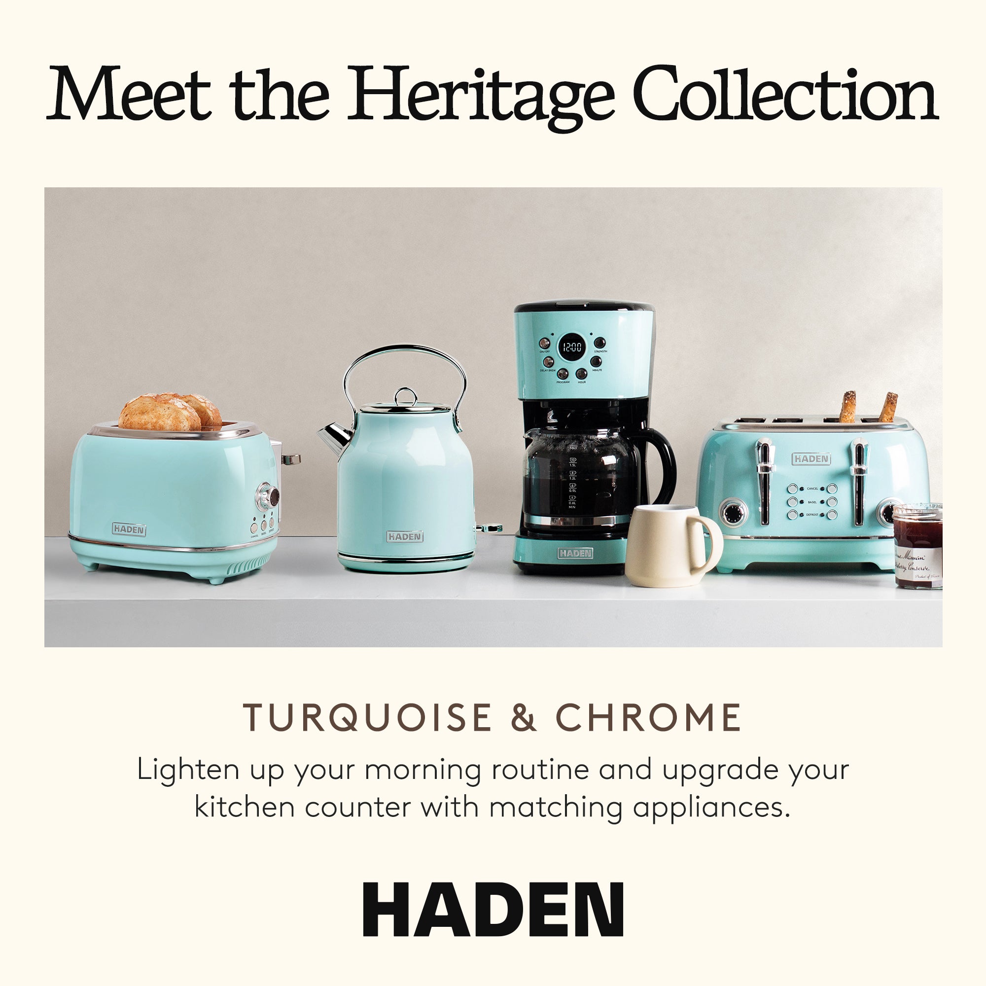 Haden Heritage 12 Cup Programmable Coffee Maker with 2 Slice Toaster, Turquoise - VMInnovations
